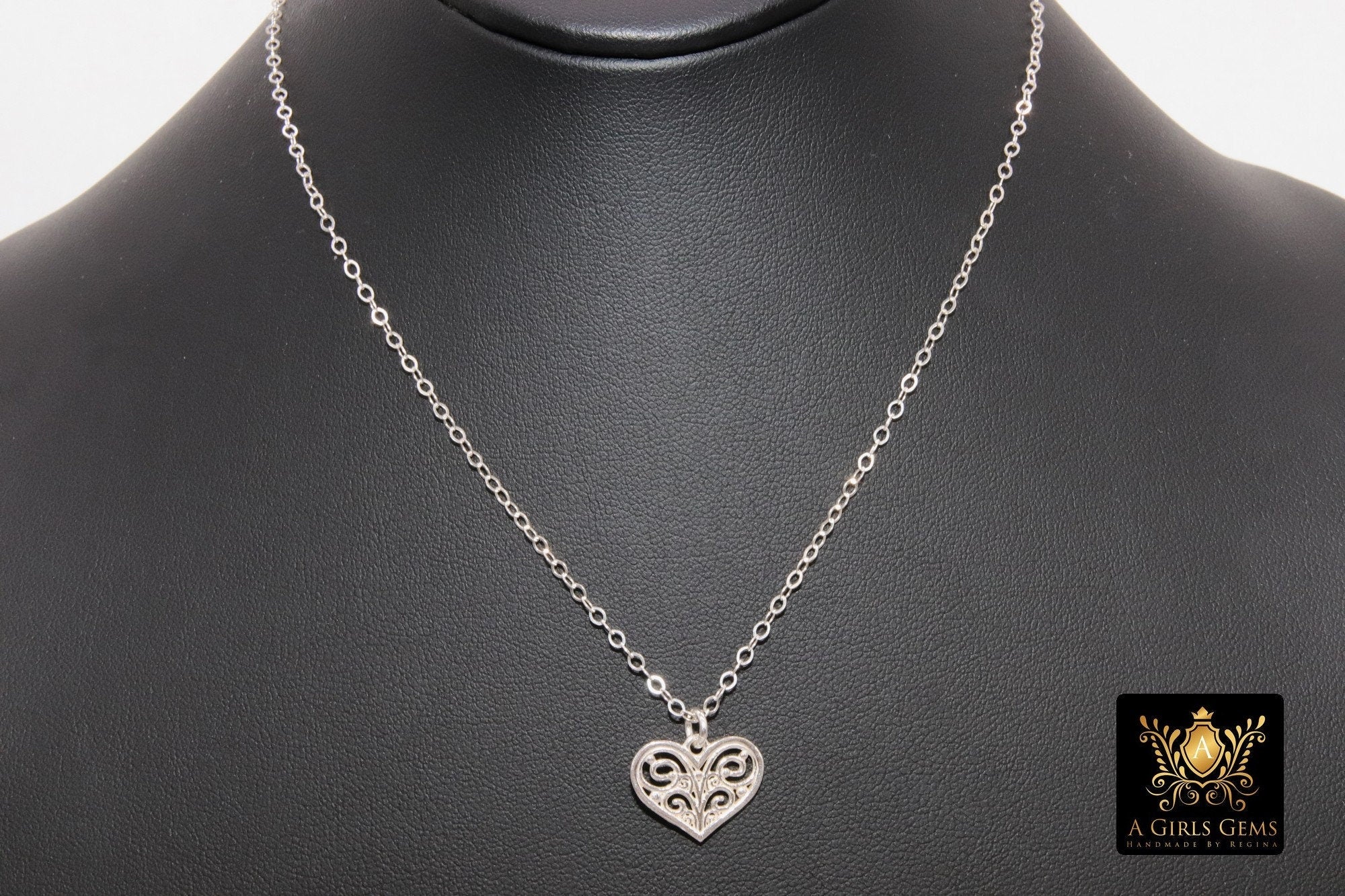 Silver Filigree Heart Chain Necklace, 925 Sterling Silver Dainty Chain Choker, Love Jewelry in Adjustable Length