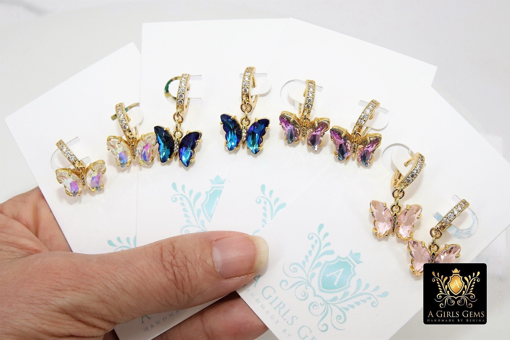 Gold Butterfly Earrings, CZ Huggie Hoop Ear Rings #654, High Quality Crystal Butterfly Huggies, 12 Color Choices - A Girls Gems