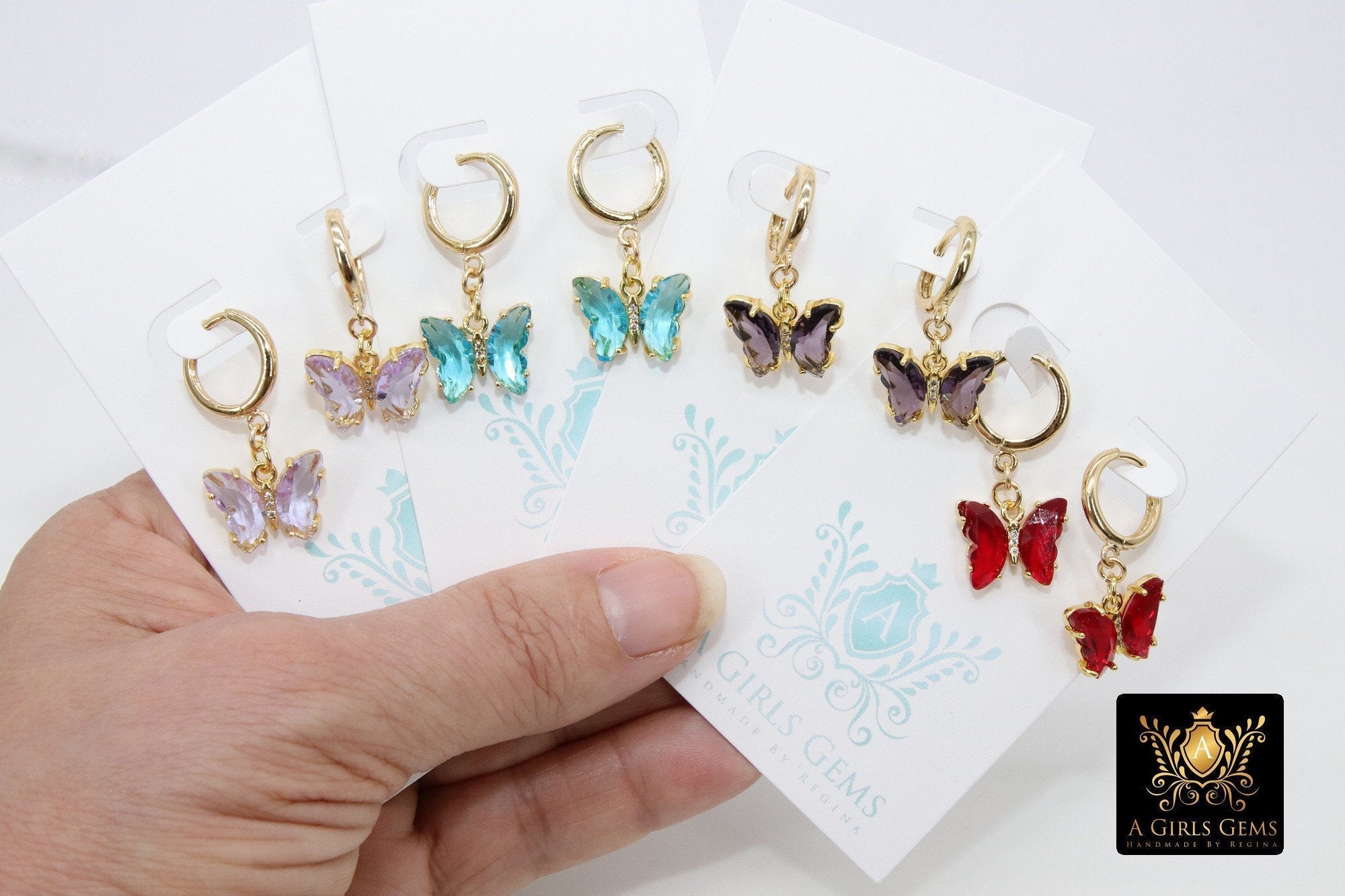 Butterfly Earrings, Gold Thick Huggie Hoop Ear Rings #654, High Quality Crystal Butterfly Huggies, 12 Color Choices - A Girls Gems