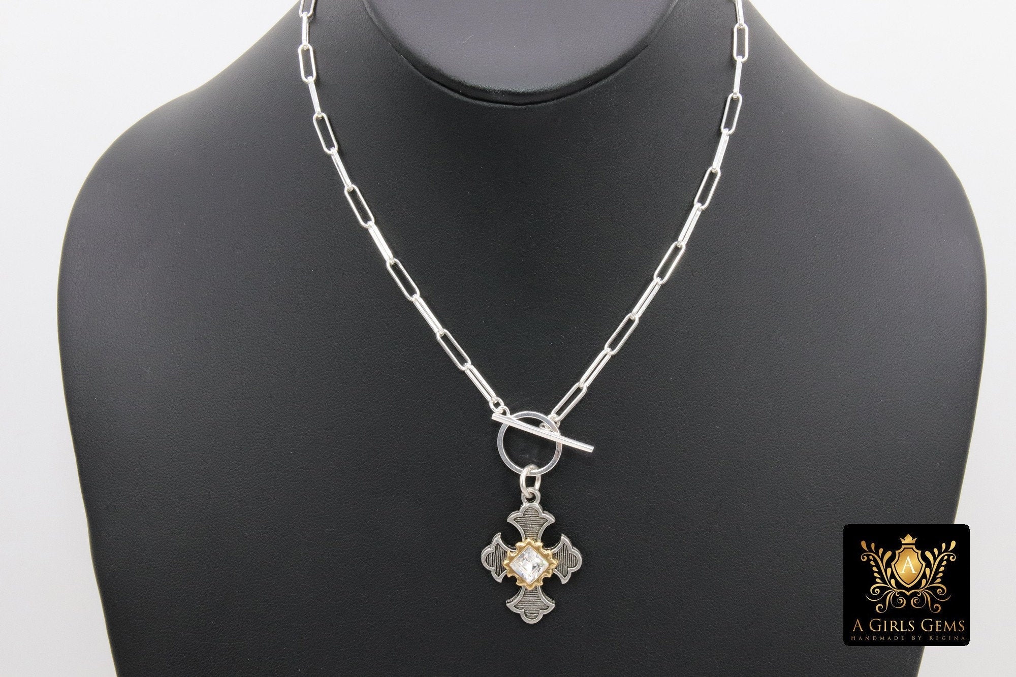 Cross Chain Necklace, 925 Sterling Silver Toggle, Rectangle Chunky Drawn Chain, Silver and Gold Maltese Cross Choker - A Girls Gems