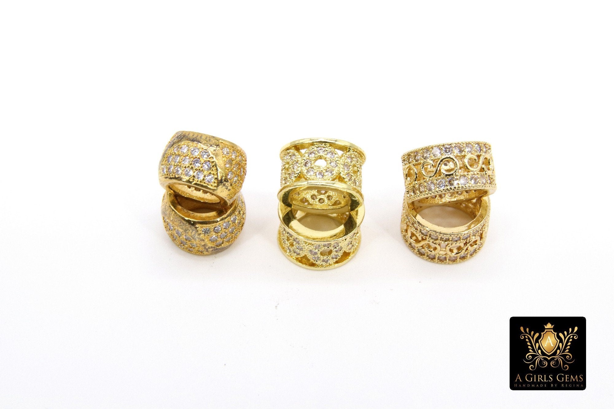 CZ Pave Gold Large Hole Tube Bead, Big Hole Bead Spacer Beads in DIY Jewelry, 10 mm with 5.0-6.0 mm Holes - A Girls Gems