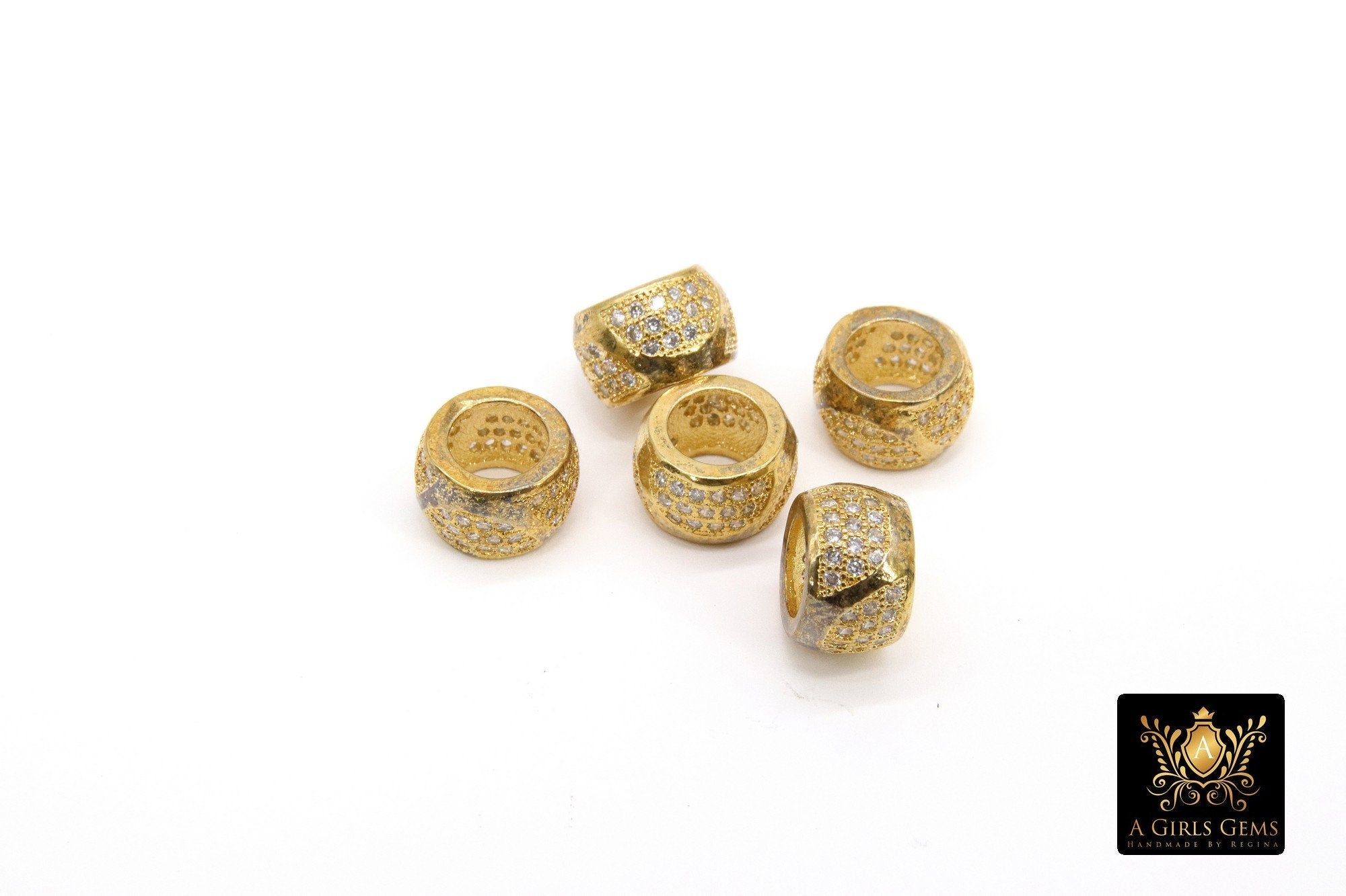 CZ Pave Gold Large Hole Tube Bead, Big Hole Bead Spacer Beads in DIY Jewelry, 10 mm with 5.0-6.0 mm Holes - A Girls Gems