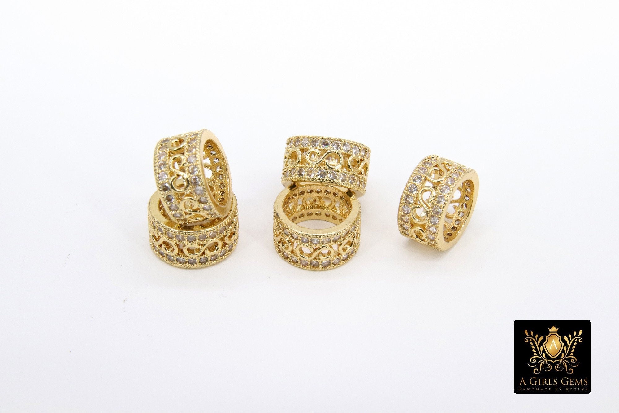 CZ Pave Gold Large Hole Tube Bead, Big Hole Bead Spacer Beads in DIY Jewelry, 10 mm with 5.0-6.0 mm Holes - A Girls Gems