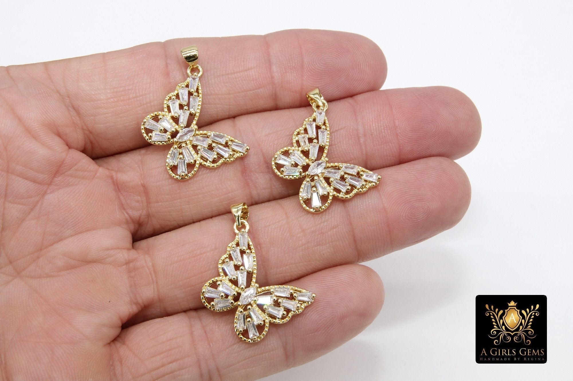 CZ Micro Pave Butterfly Charm, Gold and Clear Cubic Zirconia Monarch Pendant #706, Clear Baguette CZ Pave #754 - A Girls Gems