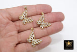 CZ Micro Pave Butterfly Charm, Gold and Clear Cubic Zirconia Monarch Pendant #706, Clear Baguette CZ Pave #754