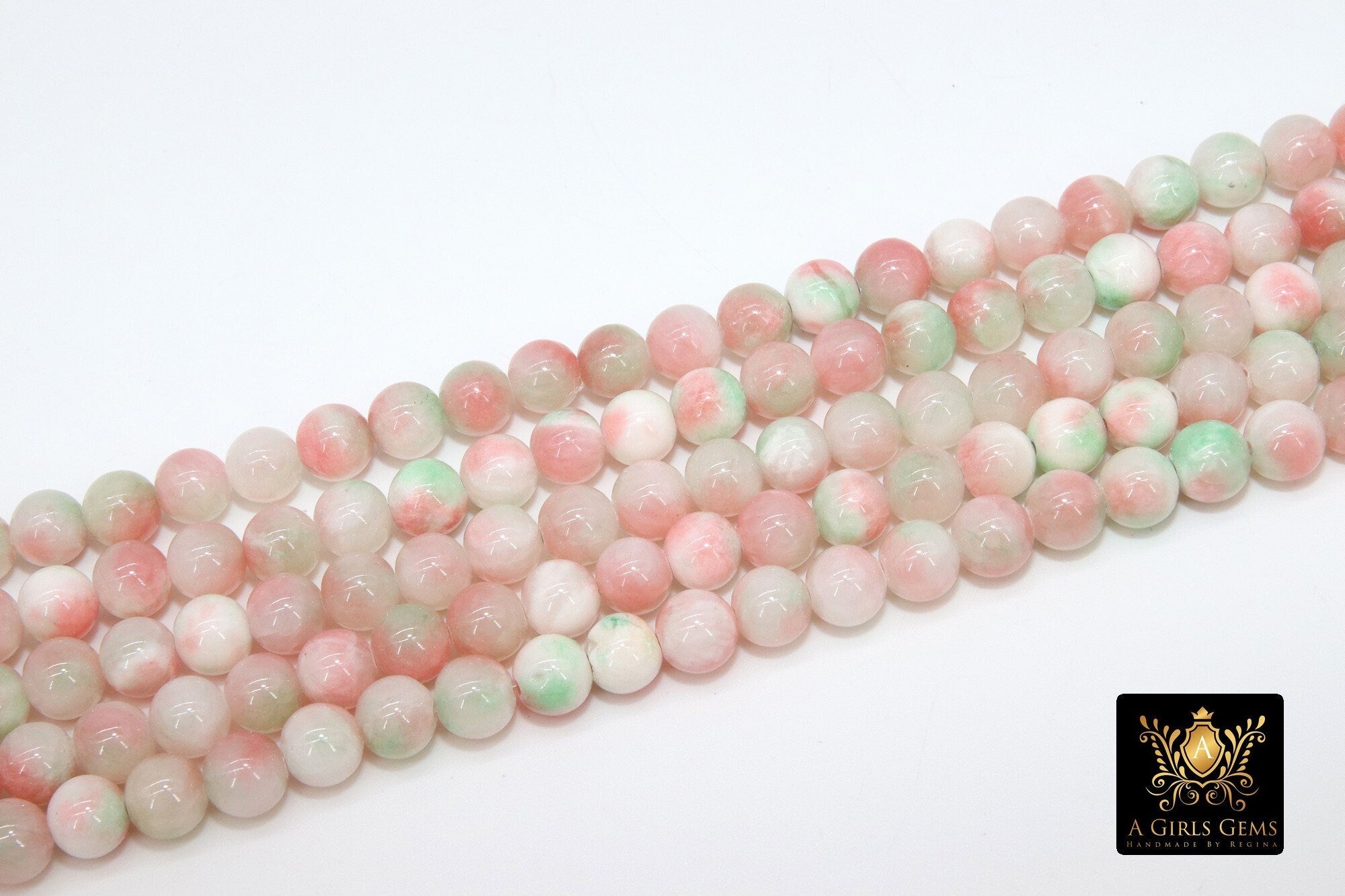 White and Pink Beads, Smooth Mixed Light Green and Pink Jade Dyed Beads BS #122