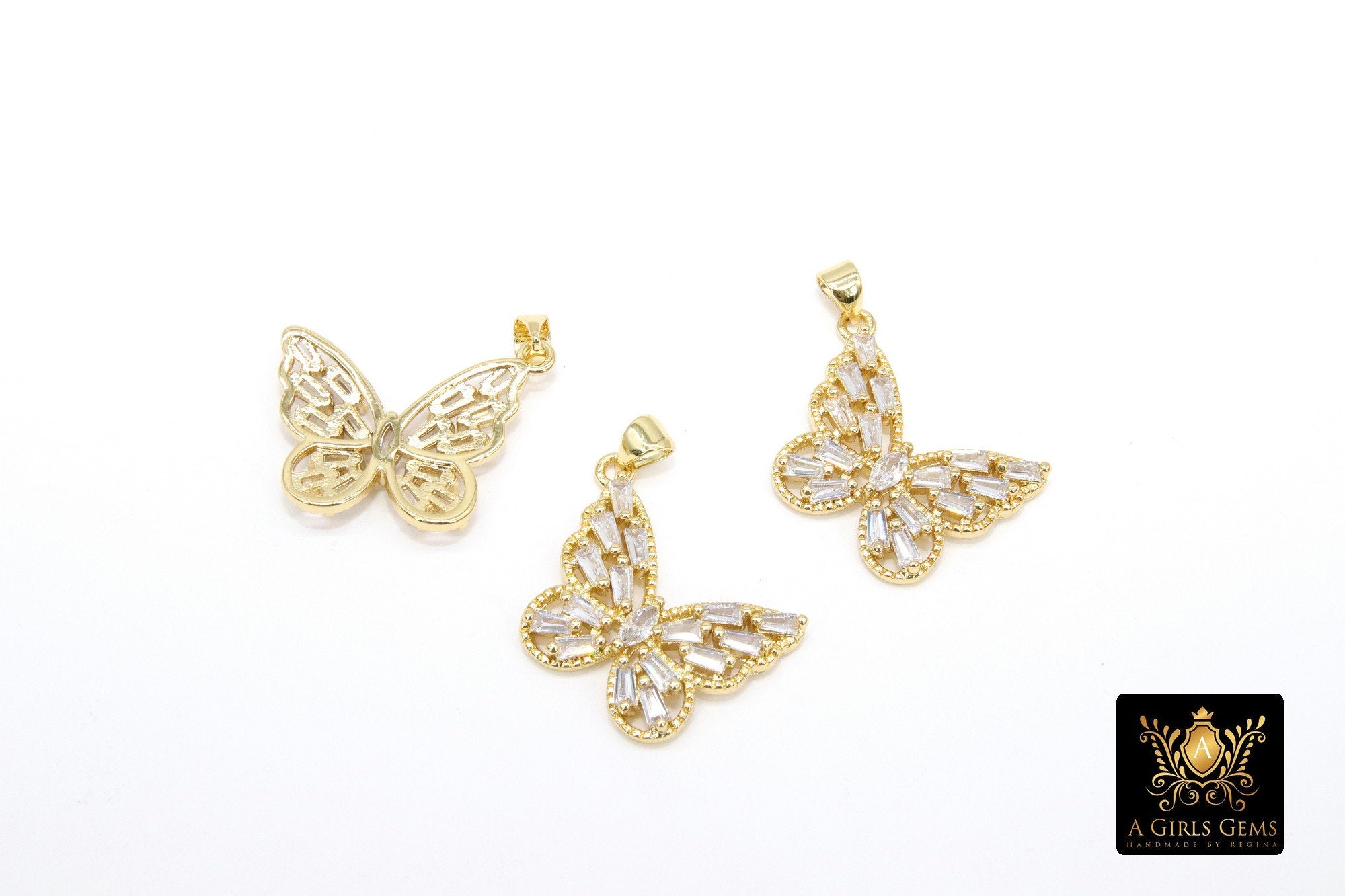 CZ Micro Pave Butterfly Charm, Gold and Clear Cubic Zirconia Monarch Pendant #706, Clear Baguette CZ Pave #754 - A Girls Gems