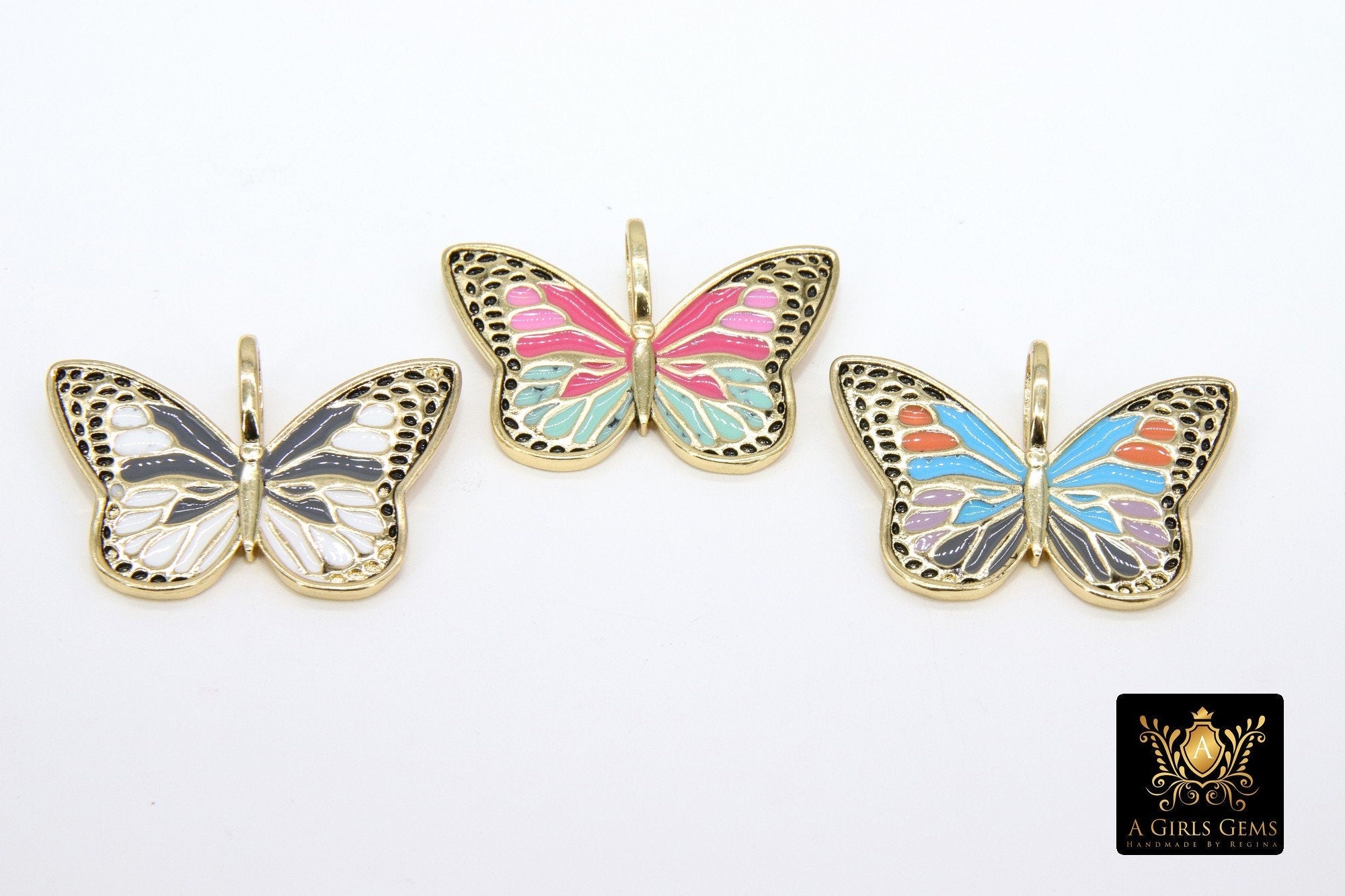 Enamel Butterfly Charm, White Black and Gold Monarch #2669, Blue and Pink Large Hole Pendants, Animal Necklace Jewelry - A Girls Gems