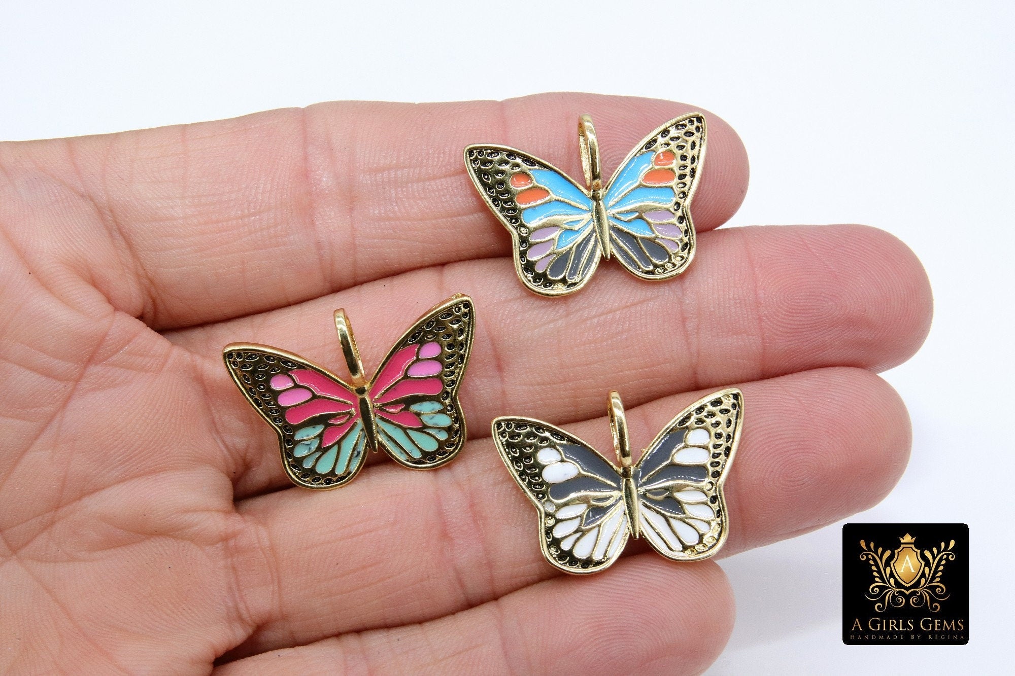 Enamel Butterfly Charm, White Black and Gold Monarch #2669, Blue and Pink Large Hole Pendants, Animal Necklace Jewelry - A Girls Gems