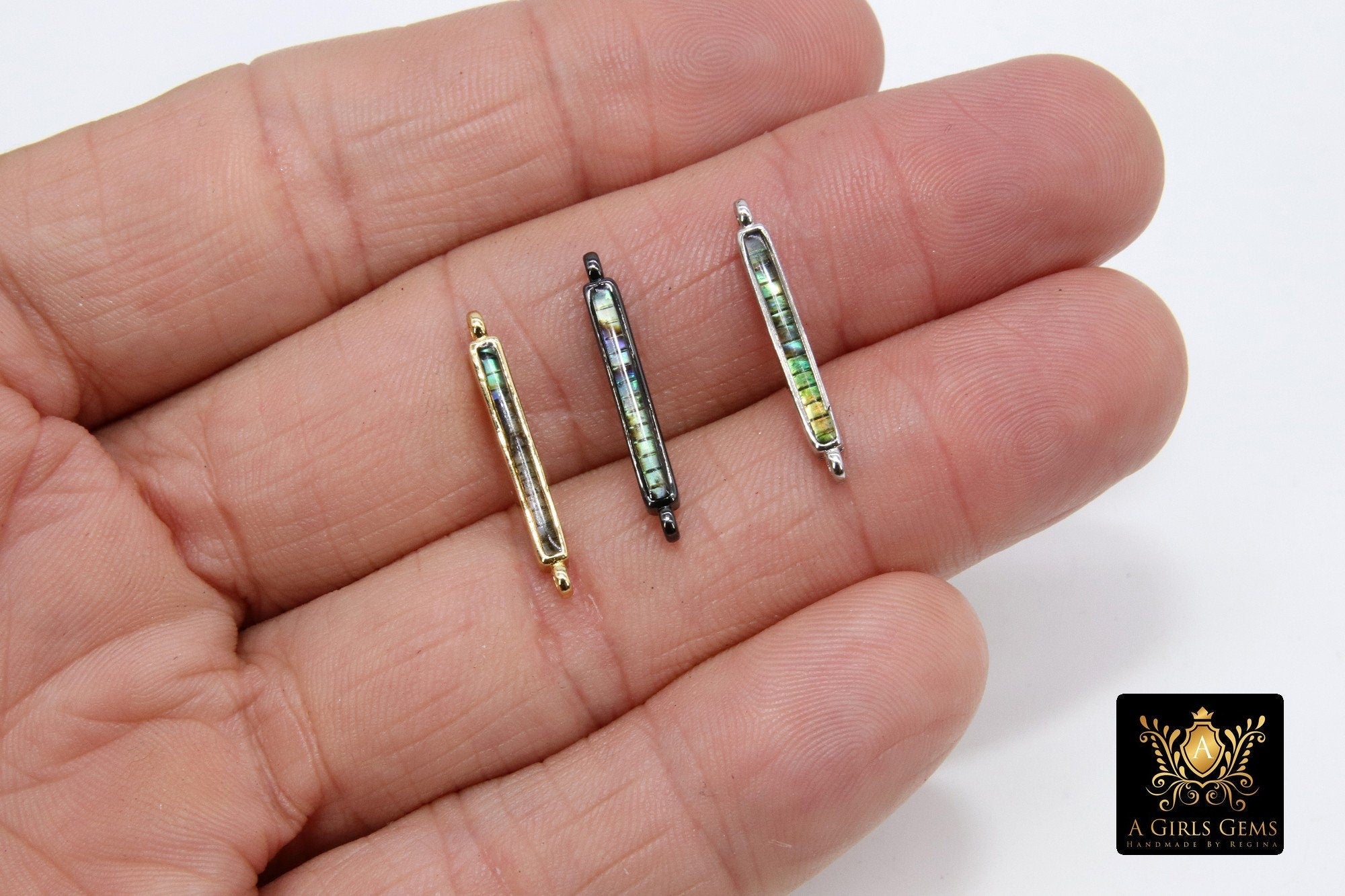 Gold Shell Bar Connector, Long Silver Bracelet Bar Charms # 2787, Black Blue Abalone, 4 x 22 mm Minimalist Jewelry Bars - A Girls Gems