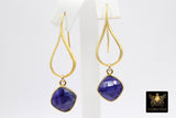 Blue Sapphire Earrings, Long Gemstone Earrings, Gold Dangle Ear Wire Hooks
