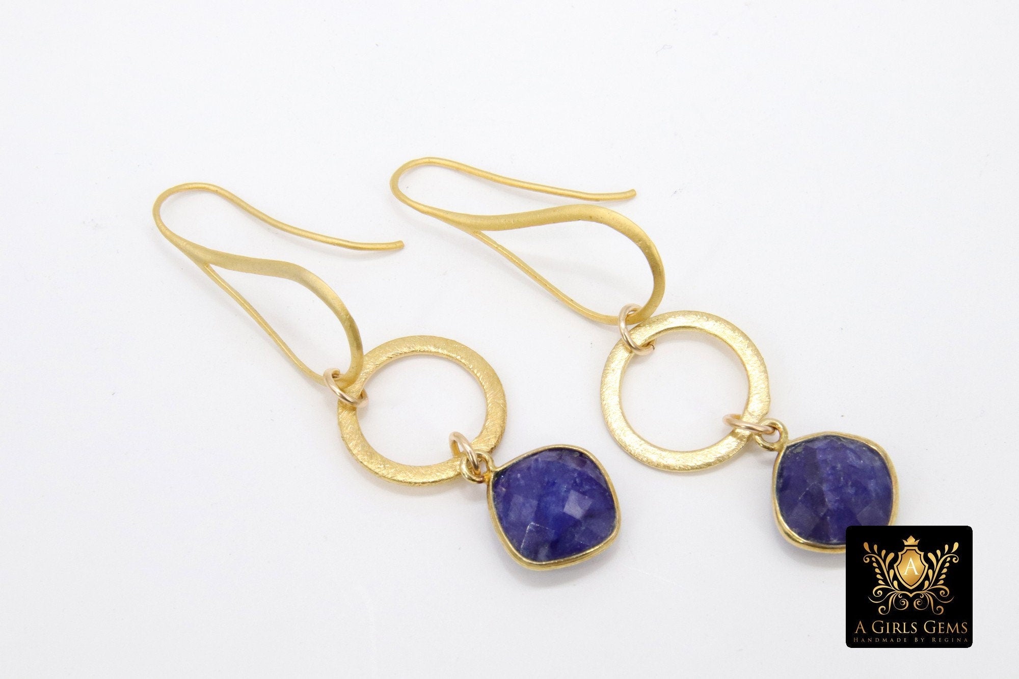 Blue Sapphire Earrings, Long Gemstone Earrings, Gold Dangle Ear Wire Hooks