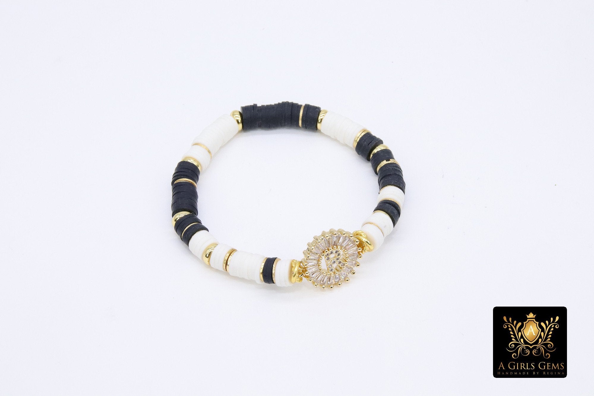 Initial Heishi Gold Stretchy Bracelet #795, Black and White Clay Rondelle Flat Beaded Bracelets, CZ Initial Stacks