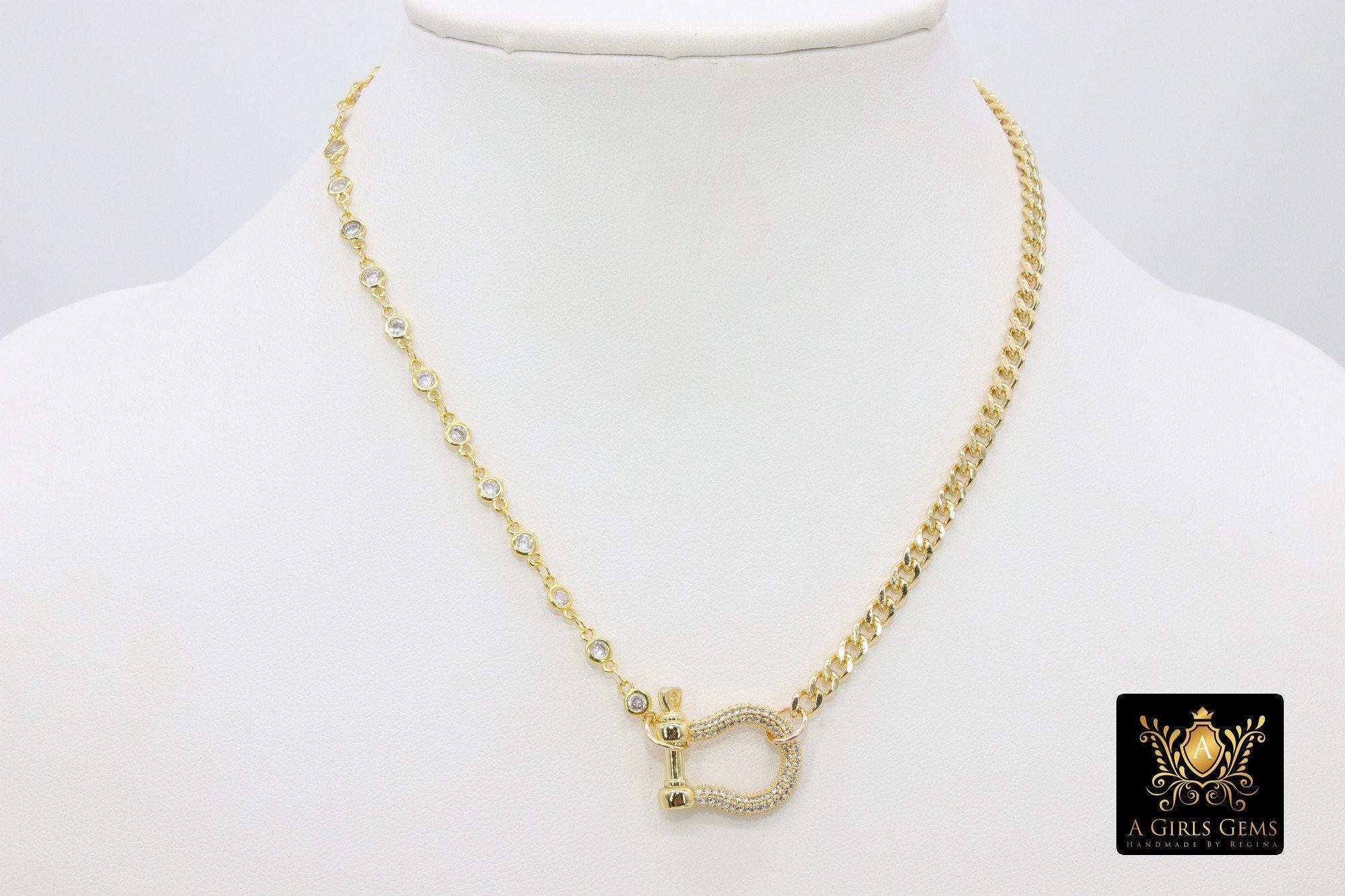 Gold CZ Curb Chain Necklace, Shackle CZ Dainty Choker, Stainless Steel Jewelry - A Girls Gems