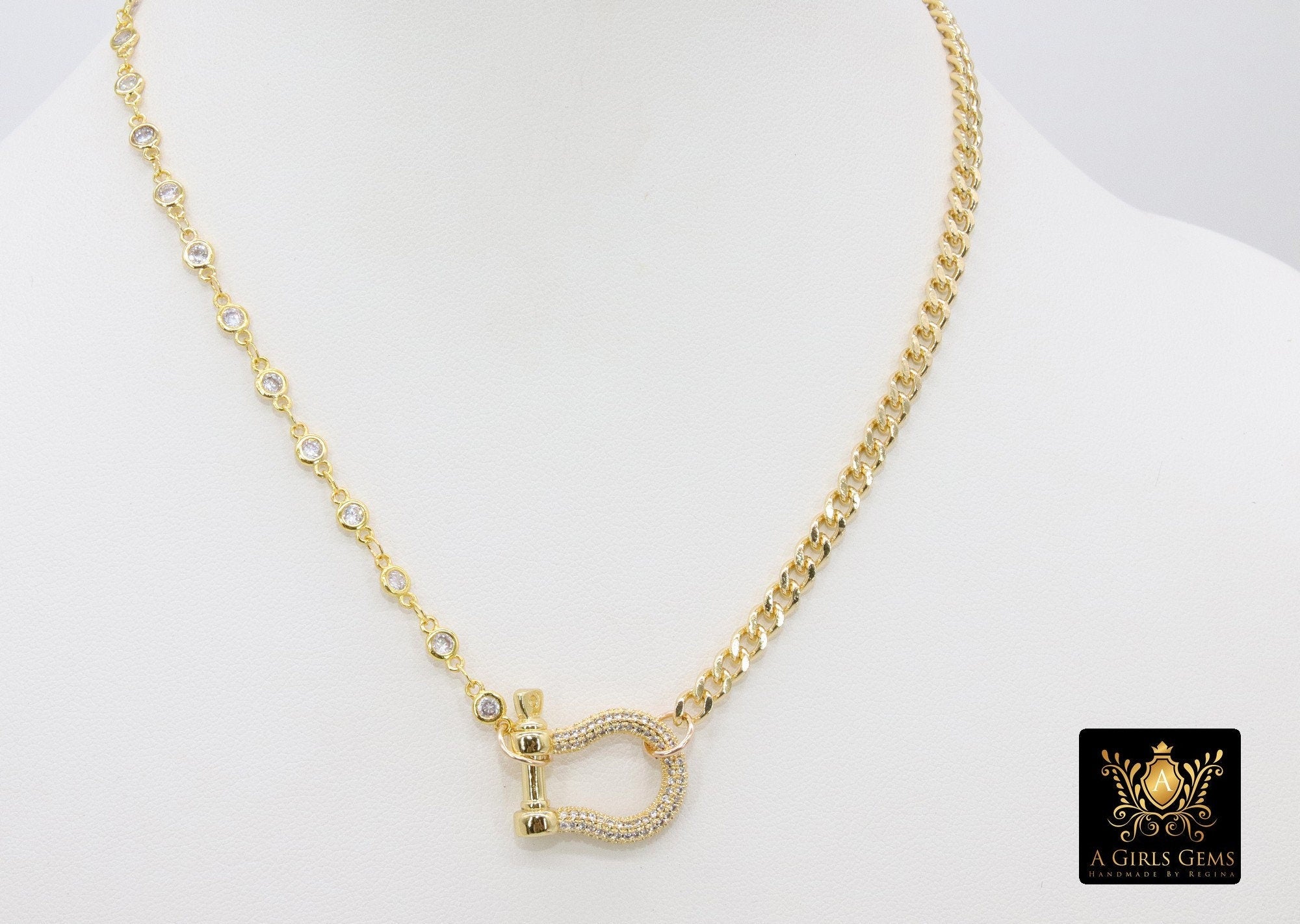 Gold CZ Curb Chain Necklace, Shackle CZ Dainty Choker, Stainless Steel Jewelry - A Girls Gems
