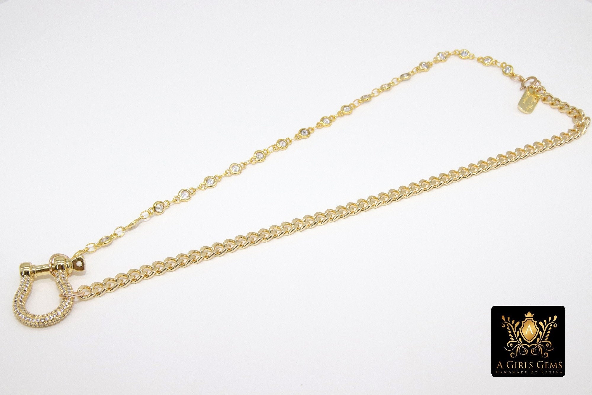Gold CZ Curb Chain Necklace, Shackle CZ Dainty Choker, Stainless Steel Jewelry - A Girls Gems