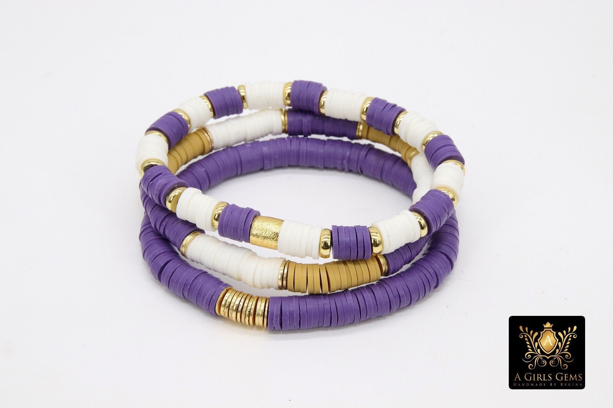 Heishi Beaded Bracelet, White Gold Multi Color, 6 or 8 mm Stretchy Bracelet #698
