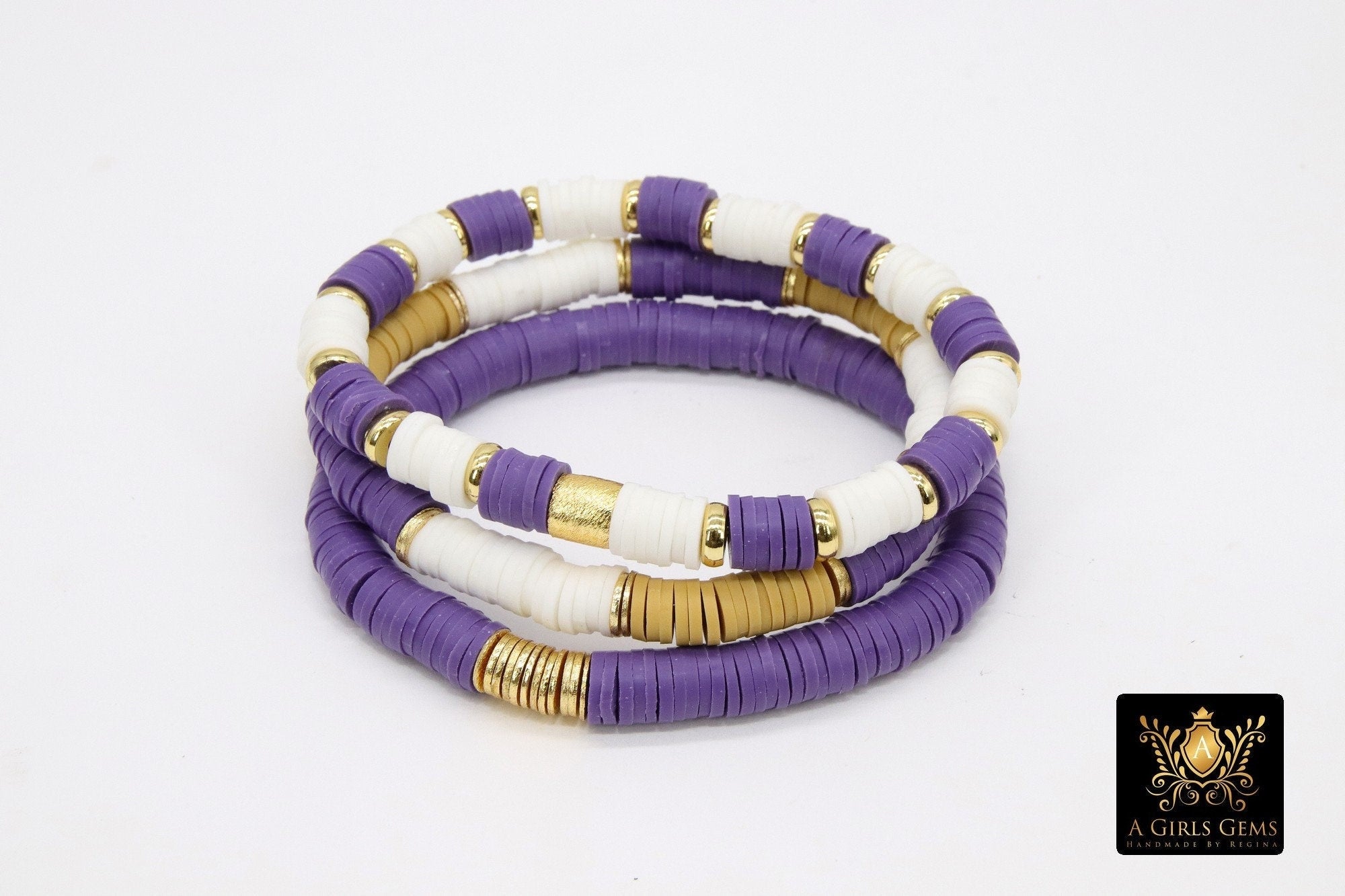 Gold Heishi Beaded Bracelet, White Gold Drum Stretchy Bracelet #795