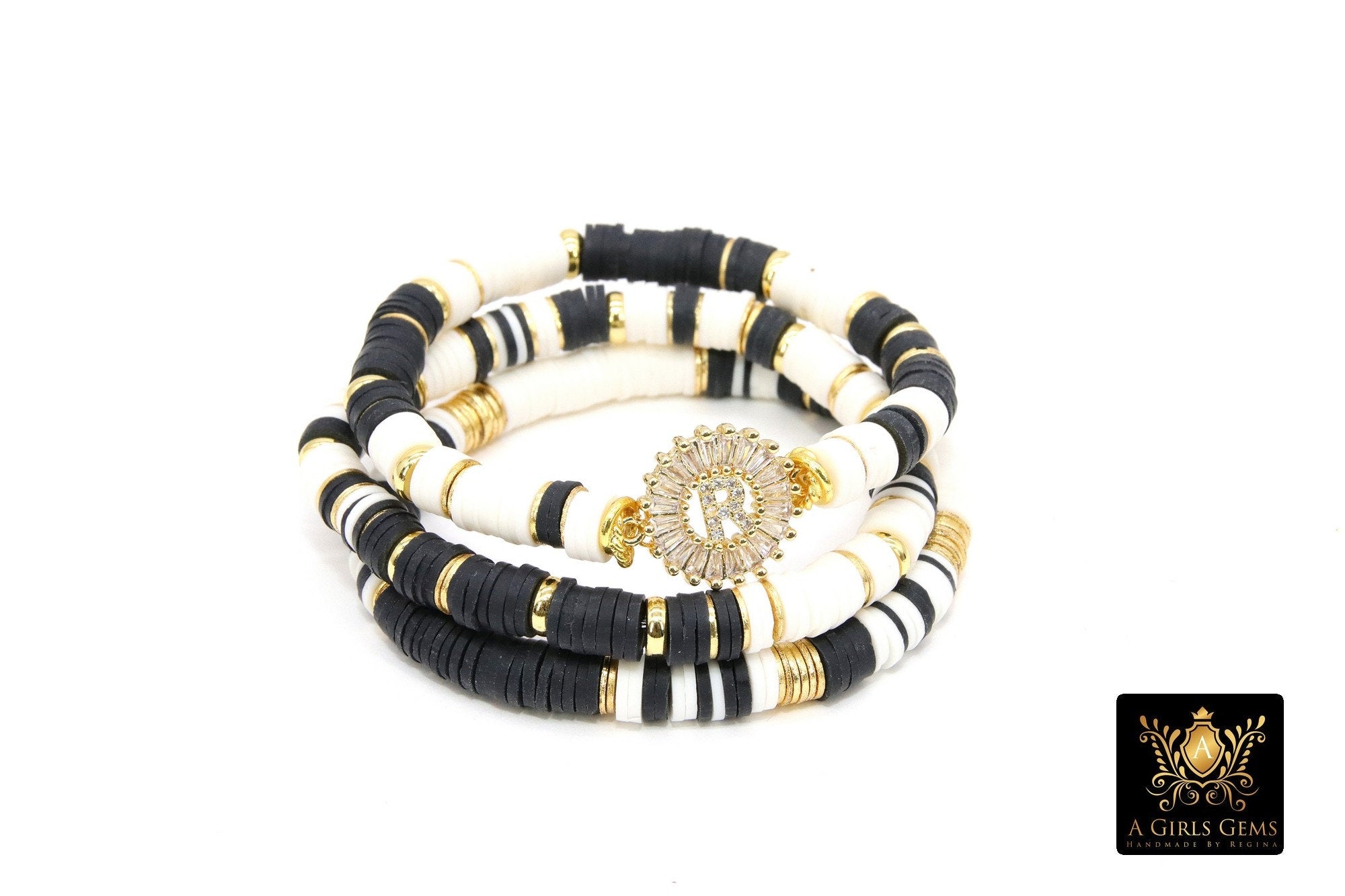 Initial Heishi Gold Stretchy Bracelet #795, Black and White Clay Rondelle Flat Beaded Bracelets, CZ Initial Stacks