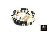 Initial Heishi Gold Stretchy Bracelet #795, Black and White Clay Rondelle Flat Beaded Bracelets, CZ Initial Stacks