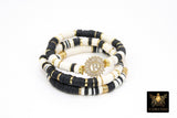 Initial Heishi Gold Stretchy Bracelet #795, Black and White Clay Rondelle Flat Beaded Bracelets, CZ Initial Stacks