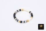 Initial Heishi Gold Stretchy Bracelet #795, Black and White Clay Rondelle Flat Beaded Bracelets, CZ Initial Stacks