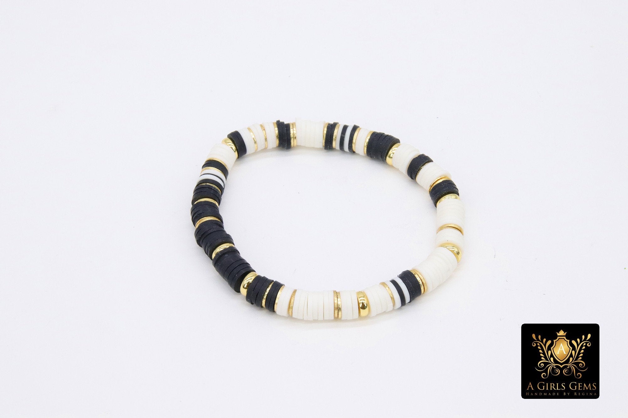Initial Heishi Gold Stretchy Bracelet #795, Black and White Clay Rondelle Flat Beaded Bracelets, CZ Initial Stacks