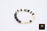 Initial Heishi Gold Stretchy Bracelet #795, Black and White Clay Rondelle Flat Beaded Bracelets, CZ Initial Stacks