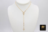 14 K Gold Cross Rosary Necklace, Virgin Mary Rosary Sequin Chain Necklace