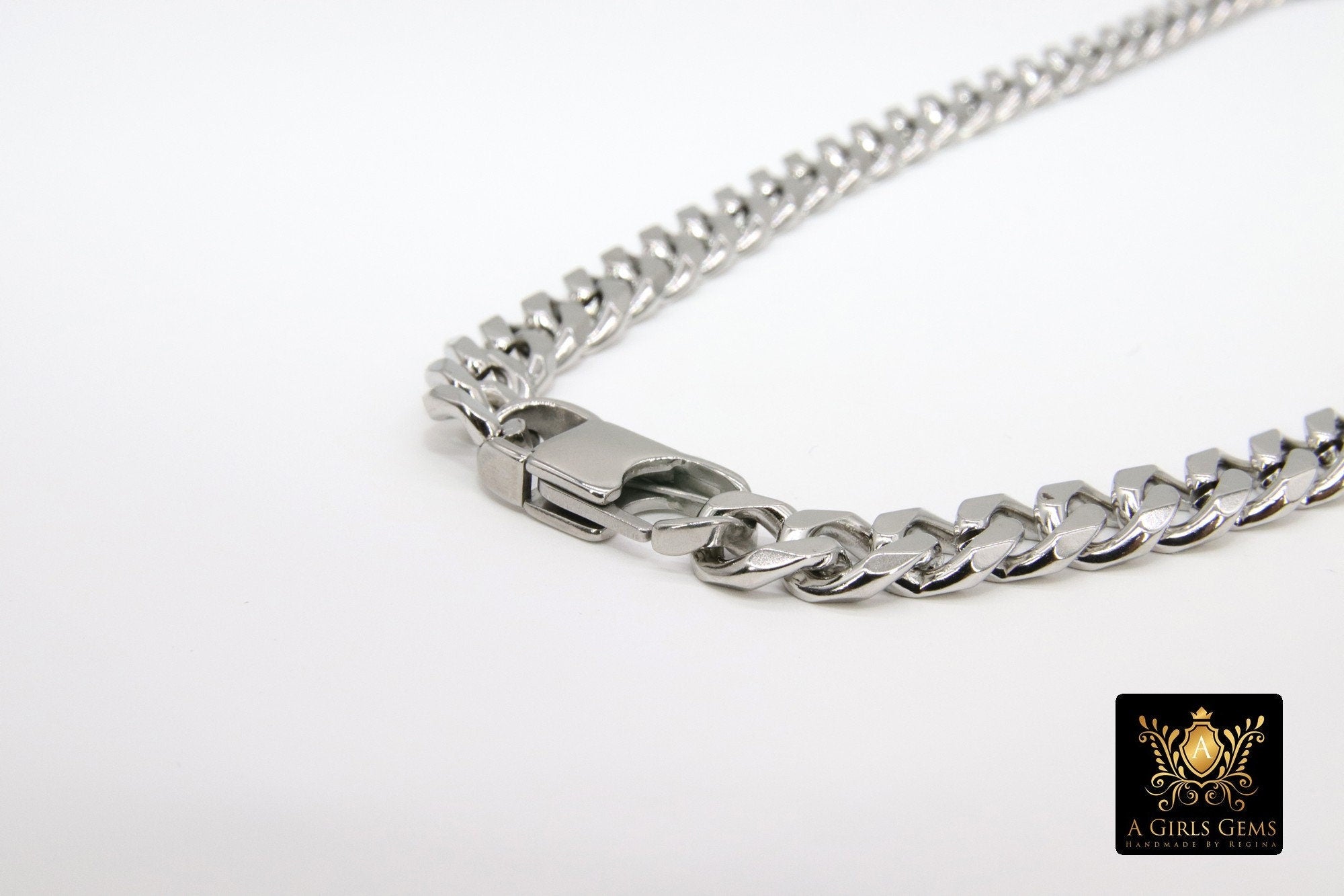 Gold Large Clasp Curb Chain Necklace, Silver Stainless Steel Cuban Diamond Cut Miami Flat Link Necklace, Women and Men Necklaces - A Girls Gems