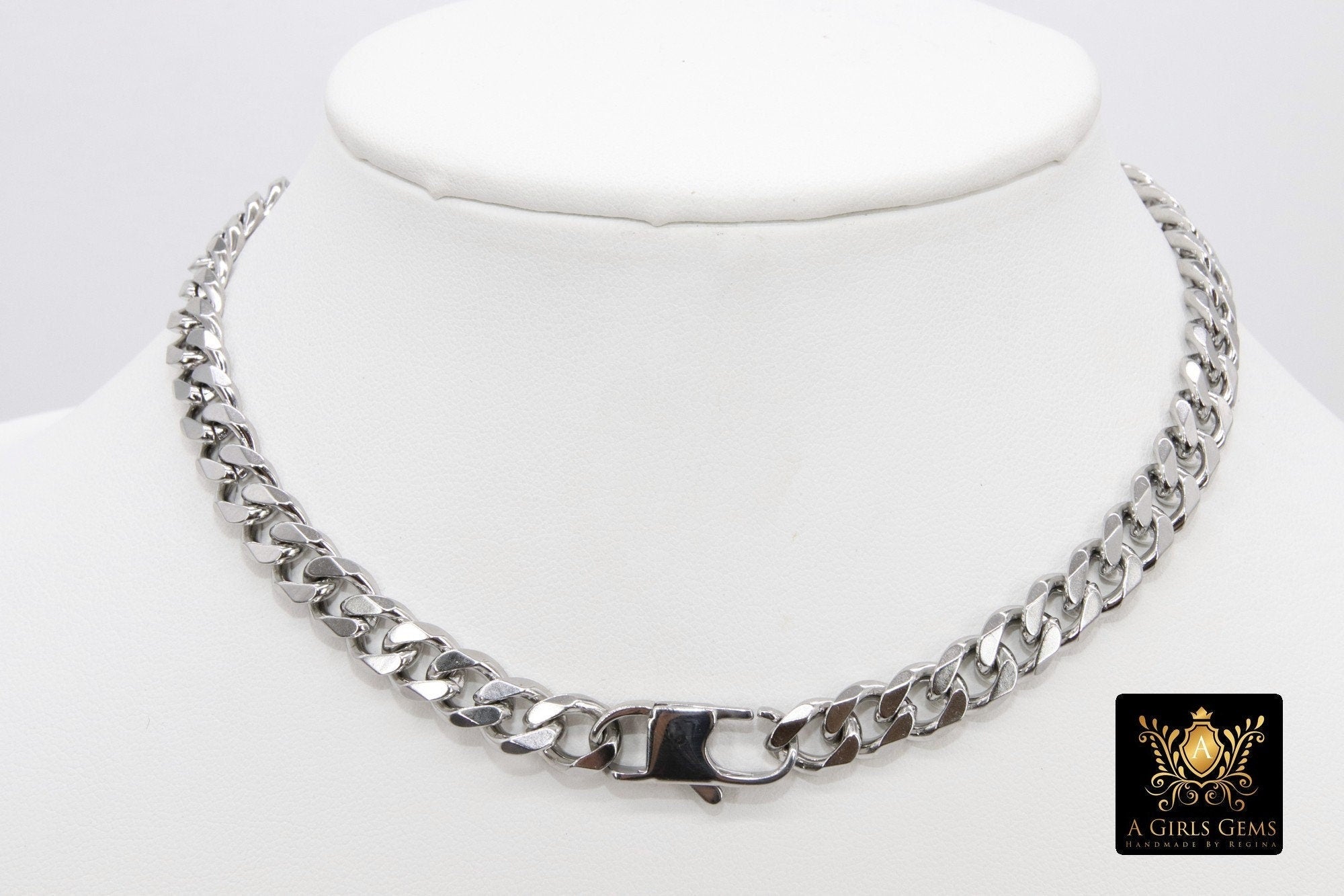 Gold Large Clasp Curb Chain Necklace, Silver Stainless Steel Cuban Diamond Cut Miami Flat Link Necklace, Women and Men Necklaces - A Girls Gems