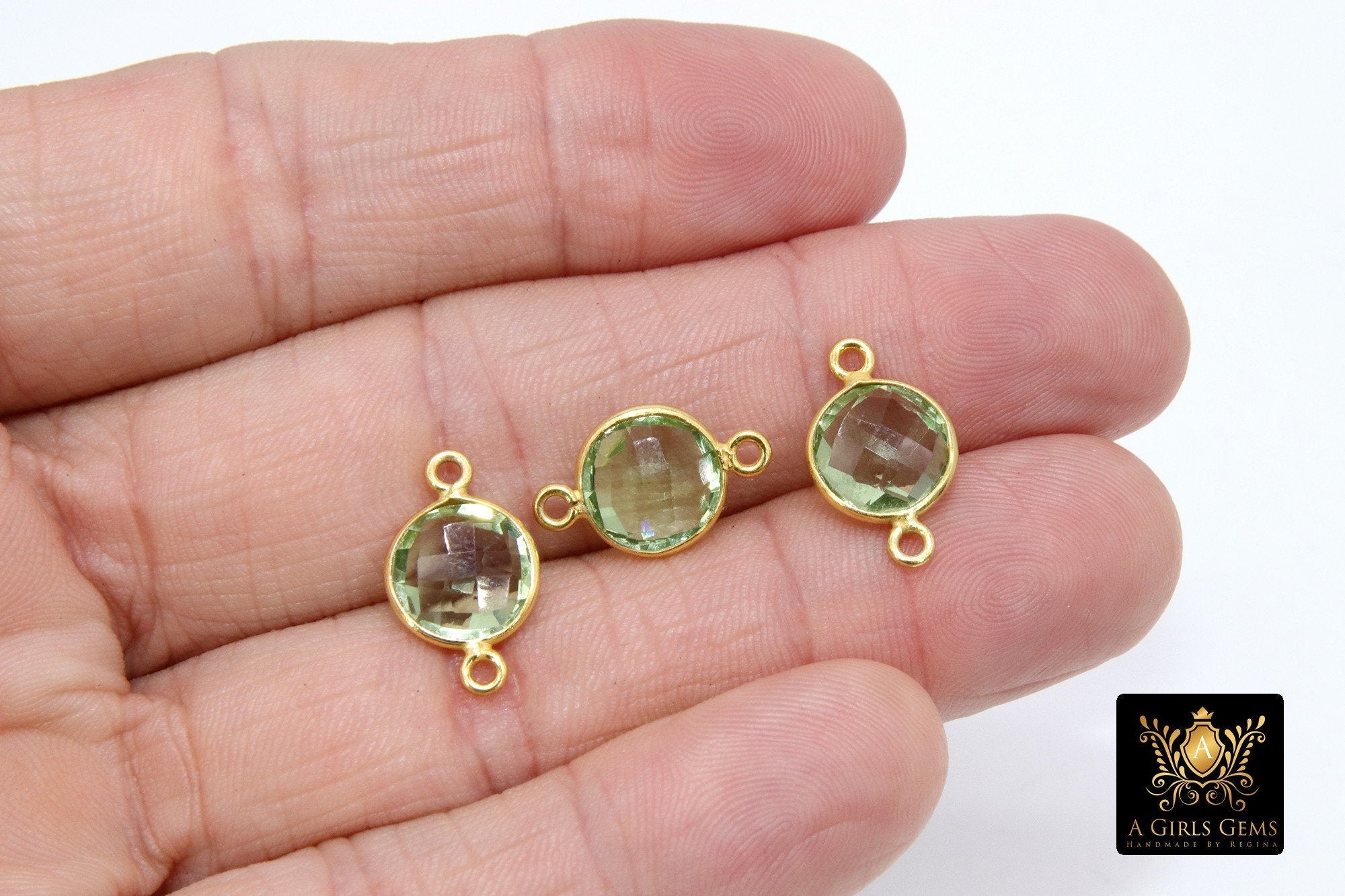 Gold Round Green Amethyst Gemstone Connectors, 925 Sterling Silver Linking Bezels #2185, 10 mm Birthstone colors, Jewelry Findings