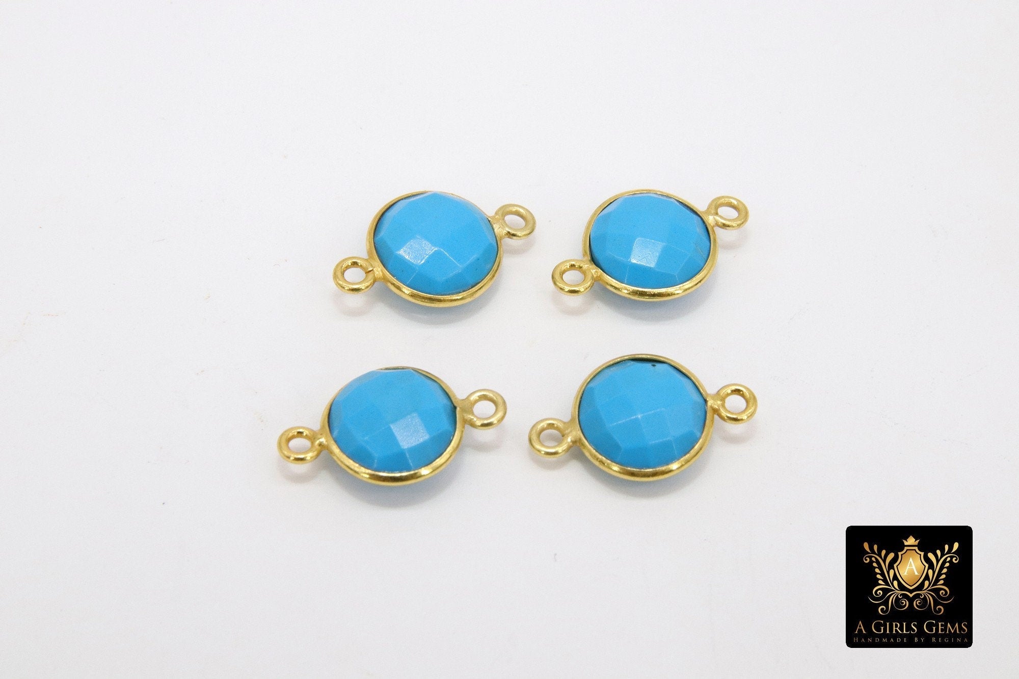 Gold Round Blue Turquoise Gemstone Connectors, 925 Sterling Silver Linking Bezels #2842 - A Girls Gems