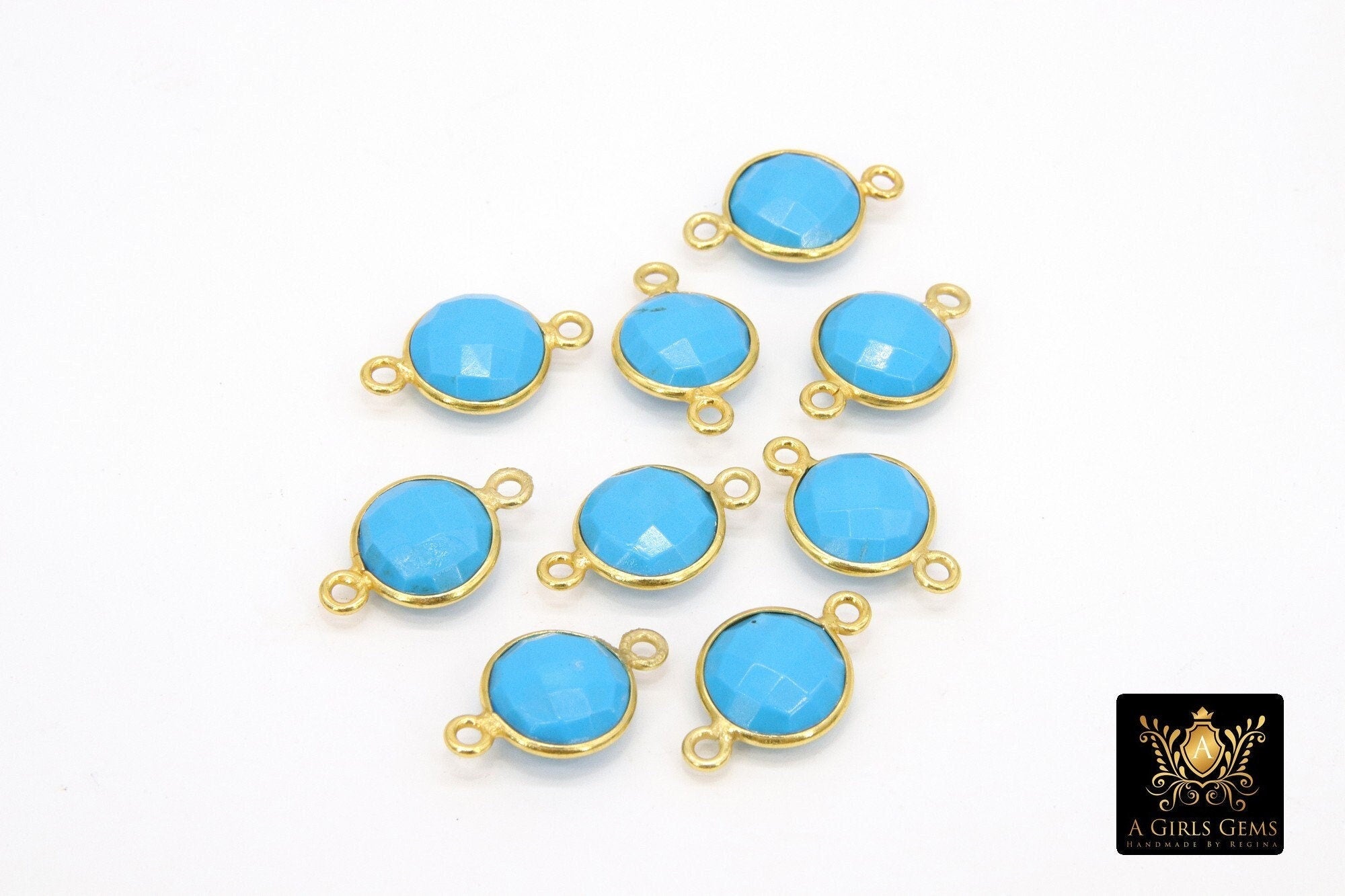 Gold Round Blue Turquoise Gemstone Connectors, 925 Sterling Silver Linking Bezels #2842 - A Girls Gems