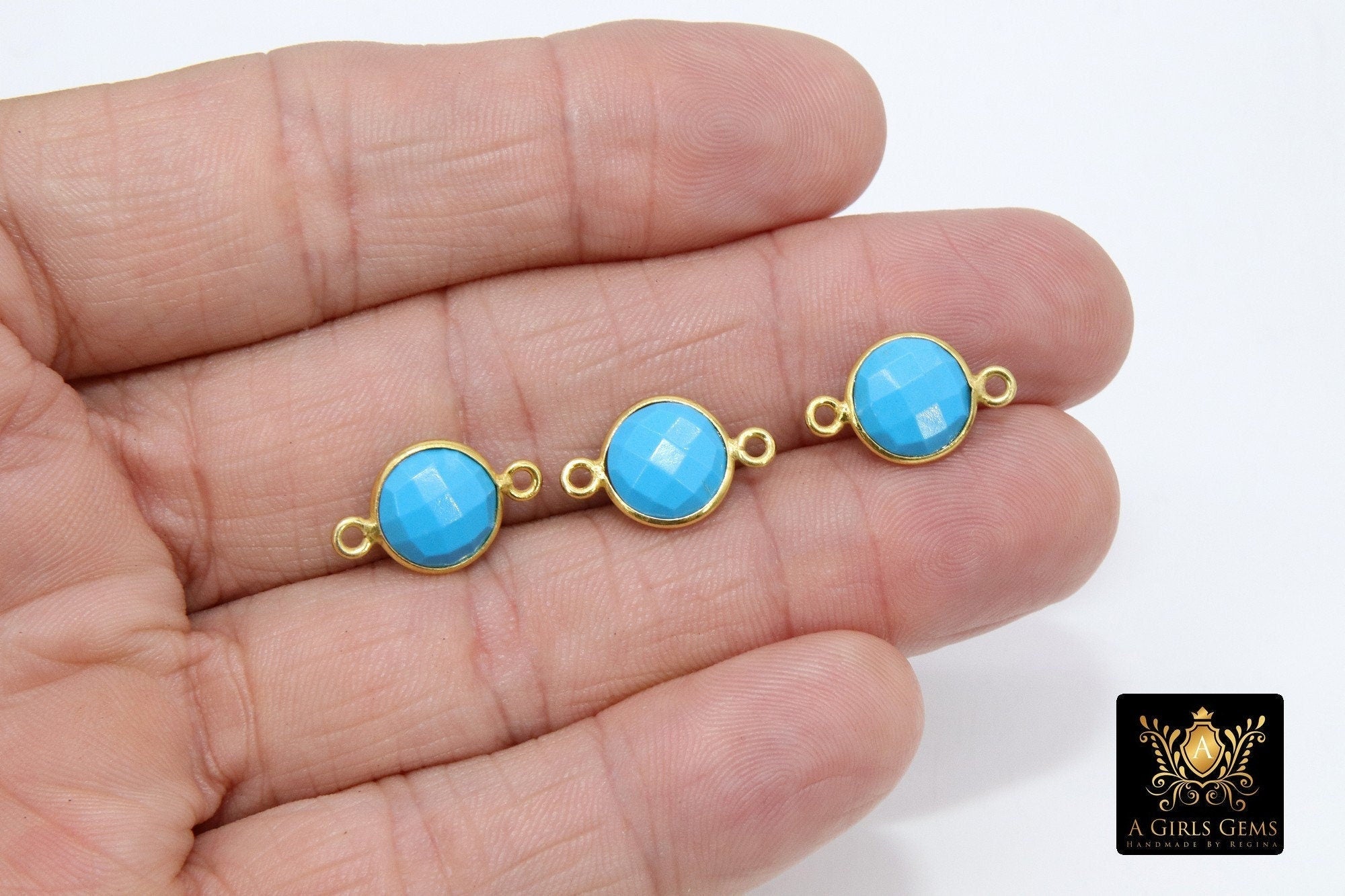 Gold Round Blue Turquoise Gemstone Connectors, 925 Sterling Silver Linking Bezels #2842 - A Girls Gems