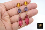 Citrine, Amethyst and Pink Tourmaline Stud Earrings, Gold 925 Teardrop Gemstone, Long Earrings - A Girls Gems