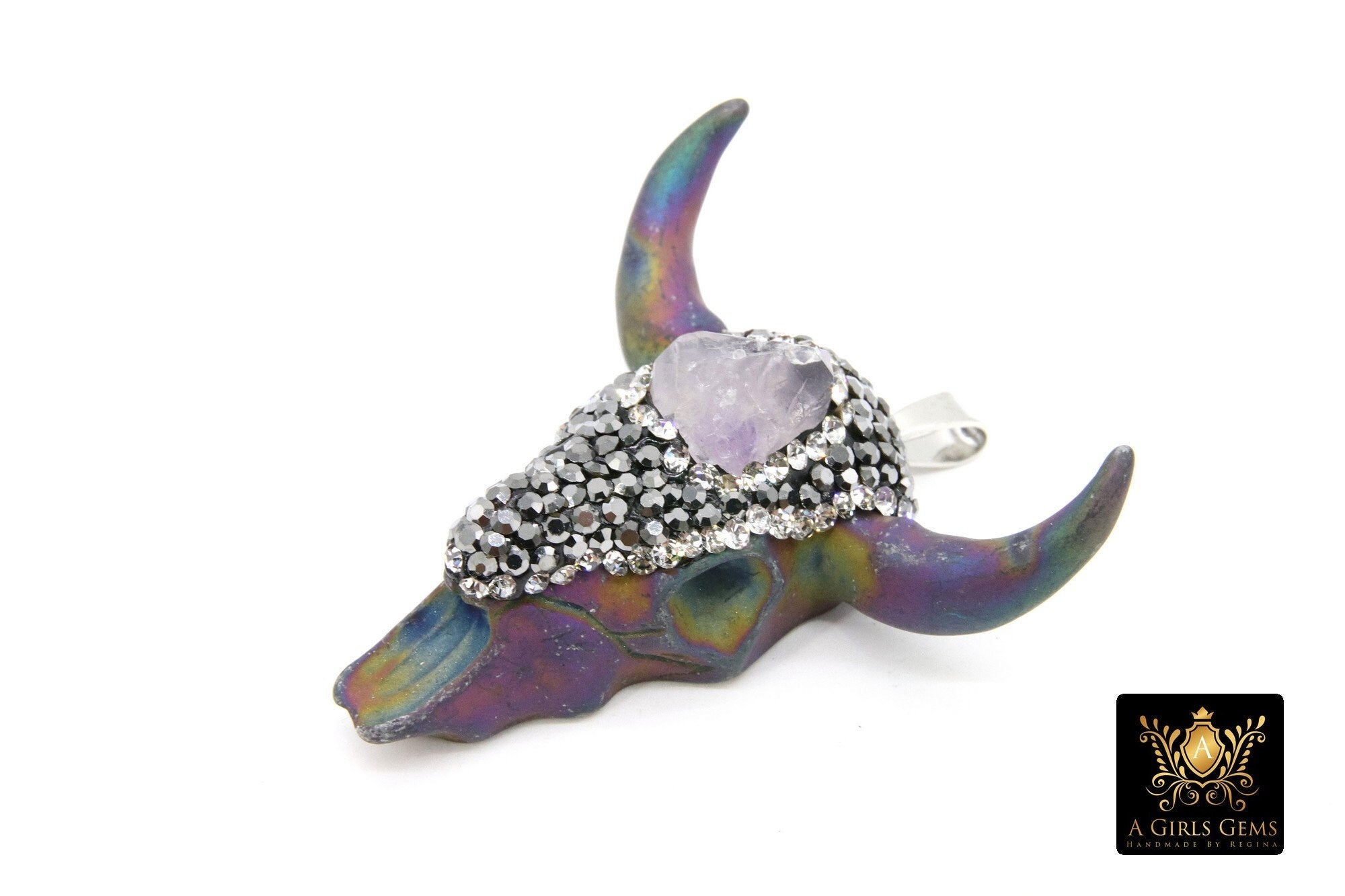 Natural Amethyst Bone Cow Skull Pendant, Boho Longhorn Cattle CW5 - A Girls Gems