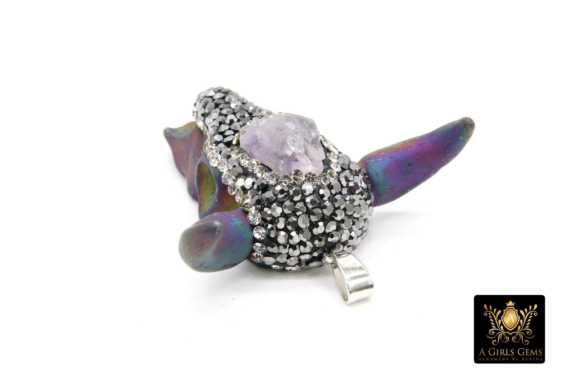 Natural Amethyst Bone Cow Skull Pendant, Boho Longhorn Cattle CW5 - A Girls Gems