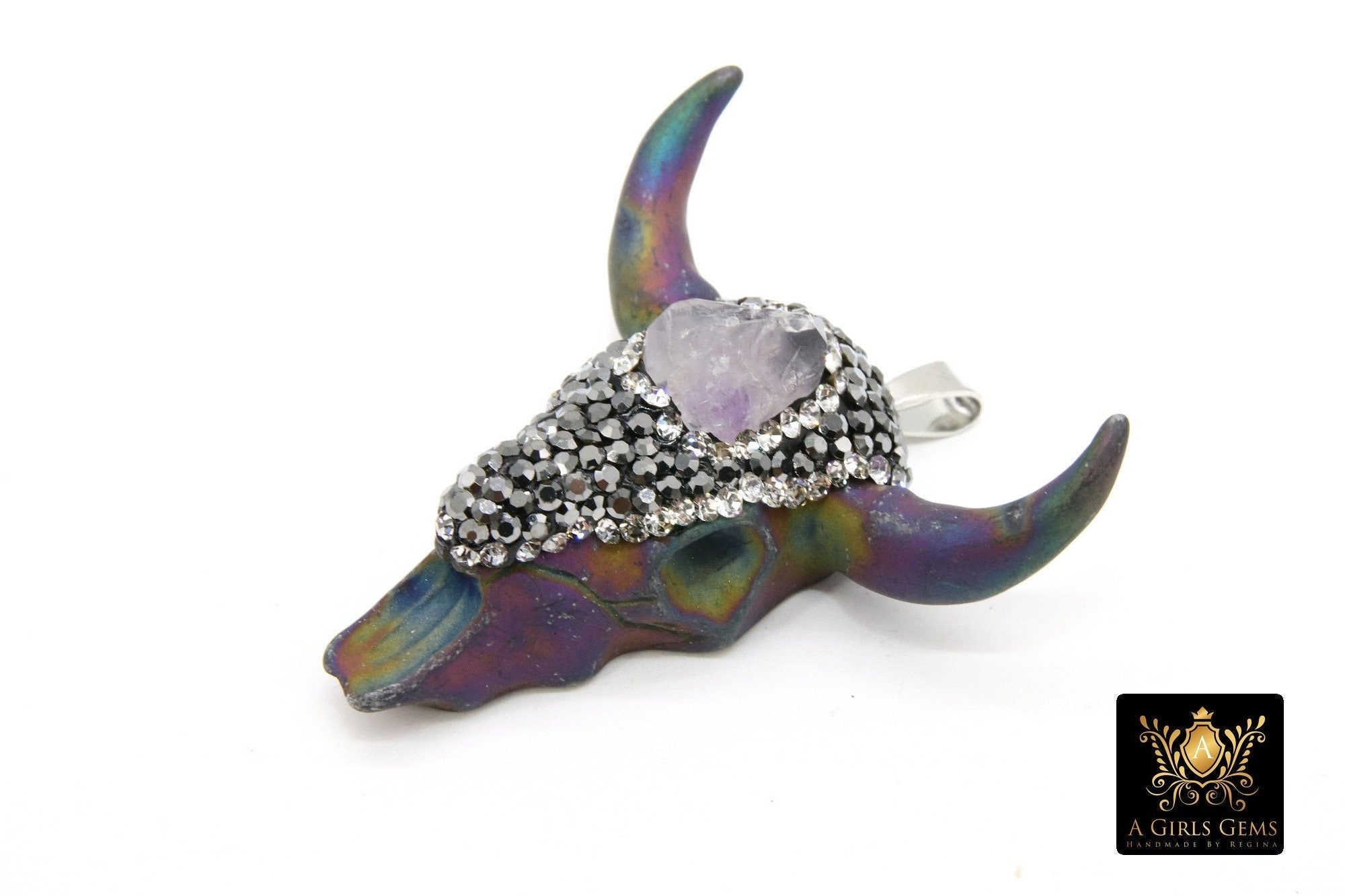 Natural Amethyst Bone Cow Skull Pendant, Boho Longhorn Cattle CW5 - A Girls Gems