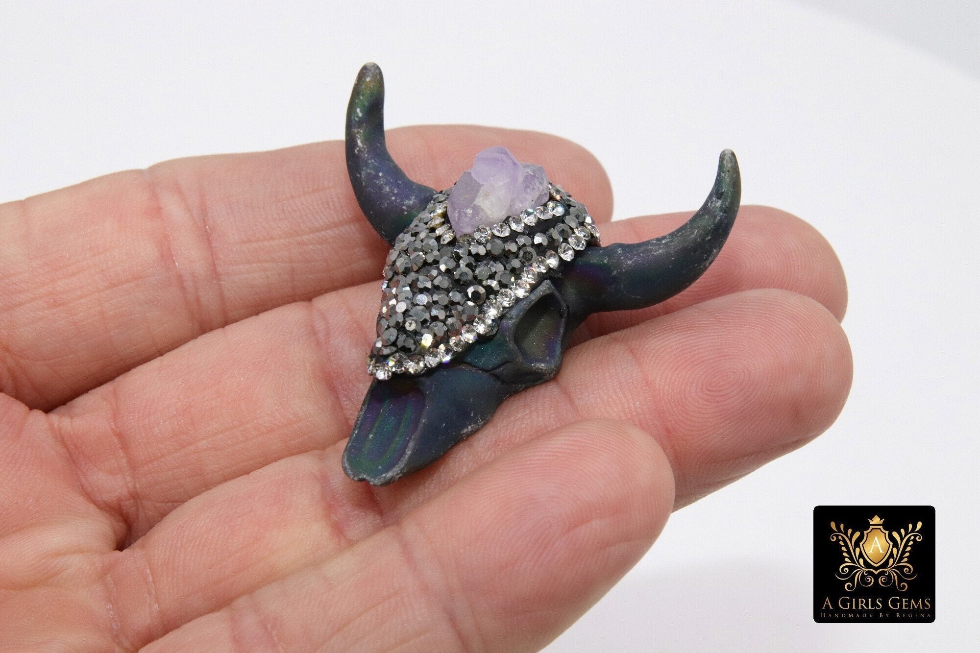 Natural Amethyst Bone Cow Skull Pendant, Boho Longhorn Cattle CW5 - A Girls Gems