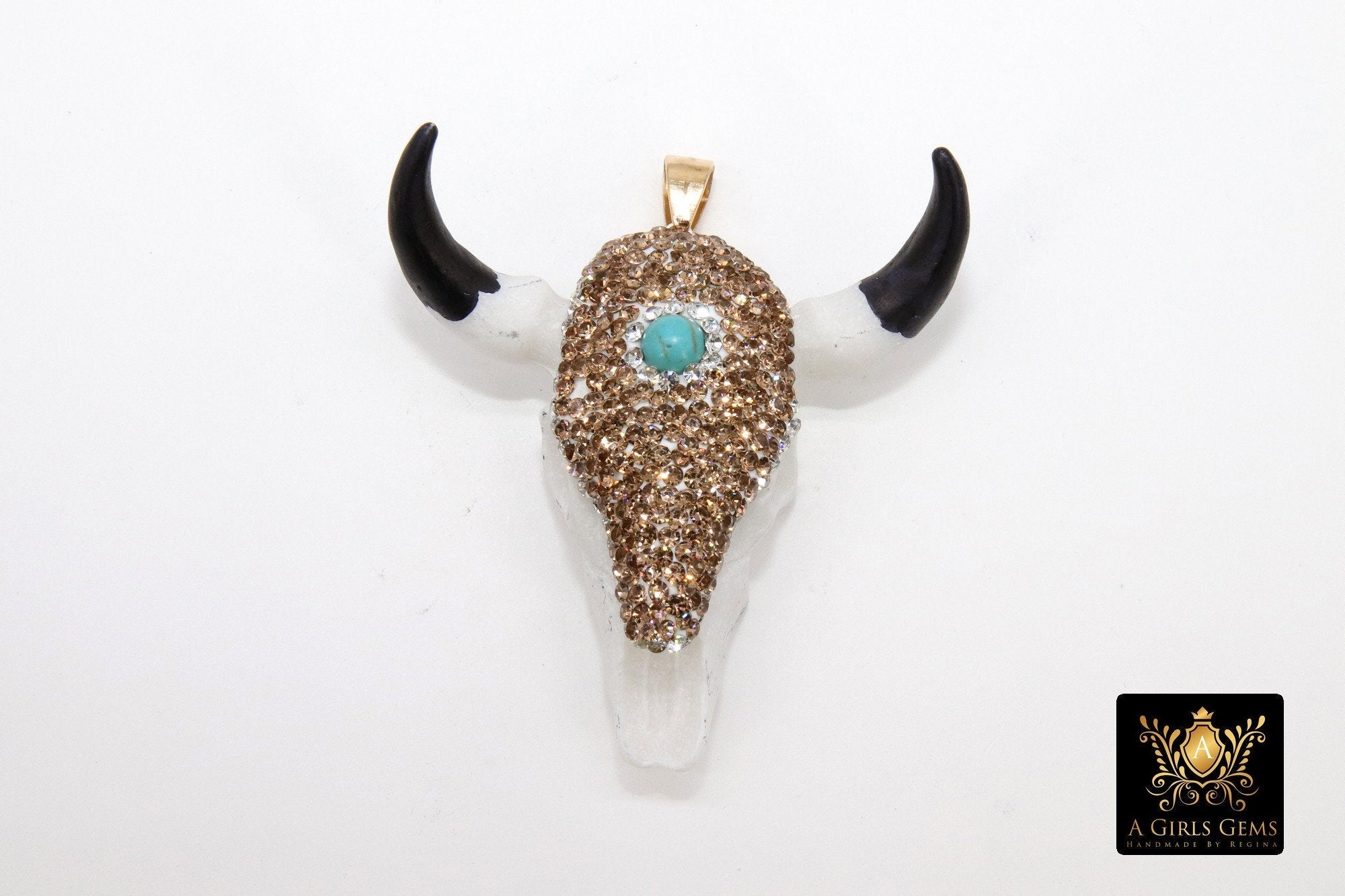 Blue Turquoise CZ Bone Cow Skull Pendant, Boho Longhorn Cattle CW7 - A Girls Gems
