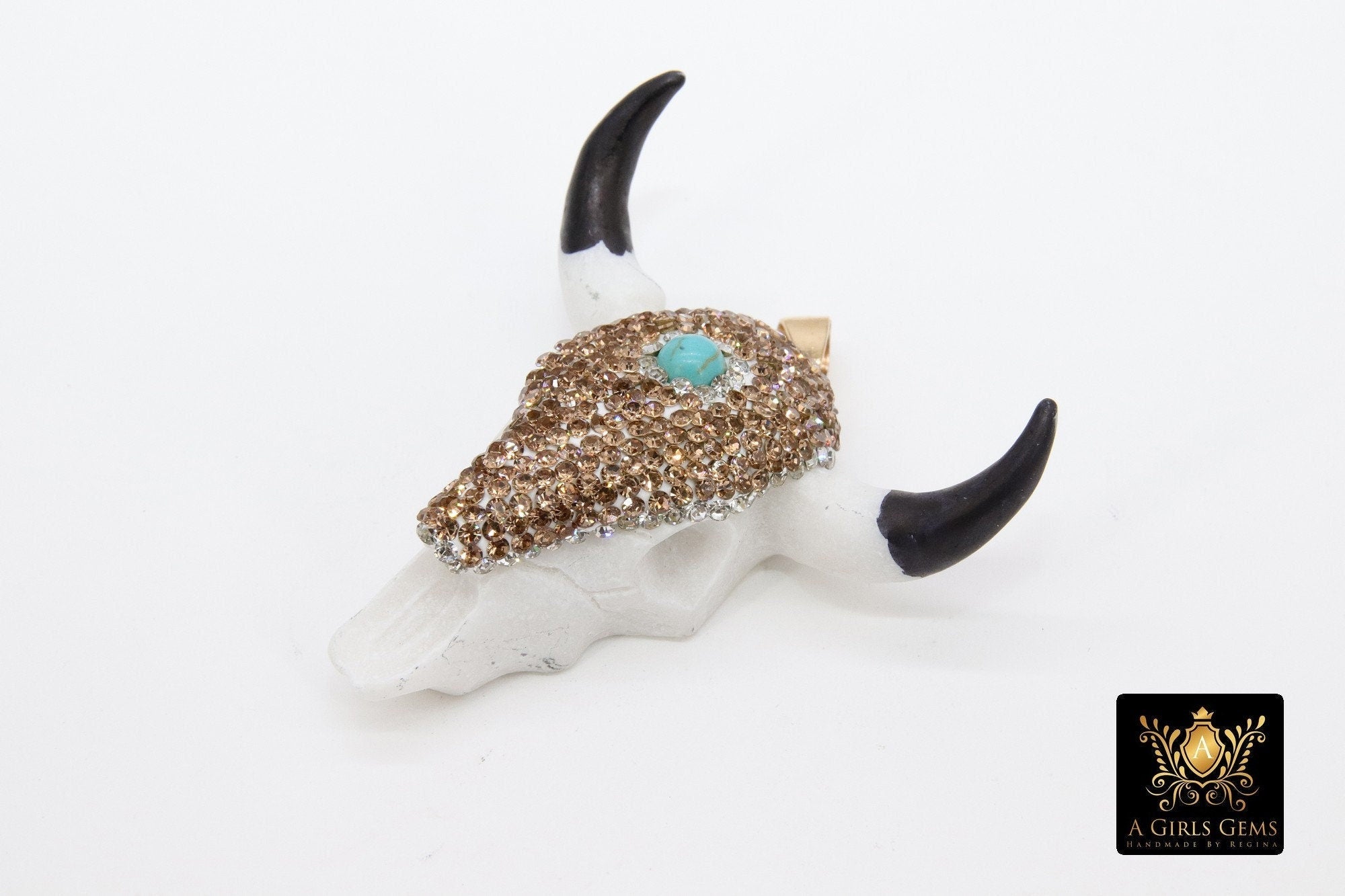 Blue Turquoise CZ Bone Cow Skull Pendant, Boho Longhorn Cattle CW7 - A Girls Gems
