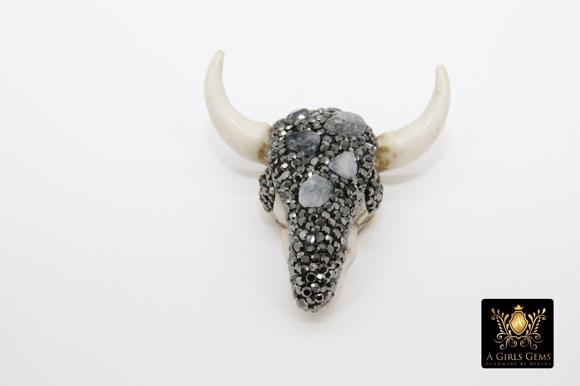 Natural Amethyst CZ Micro Pave Bone Cow Skull Pendant, Boho Longhorn Cattle - A Girls Gems