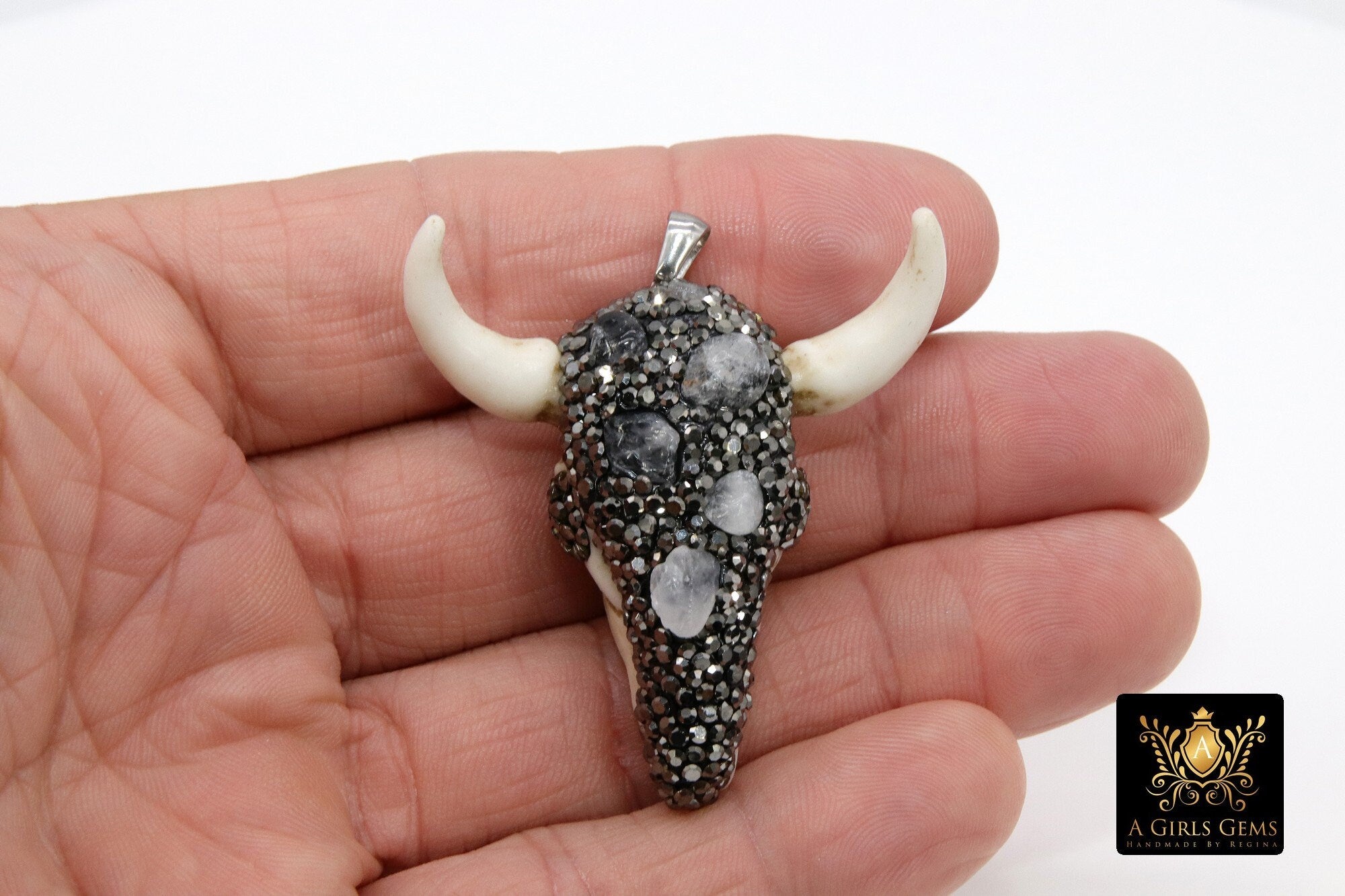 Natural Amethyst CZ Micro Pave Bone Cow Skull Pendant, Boho Longhorn Cattle - A Girls Gems