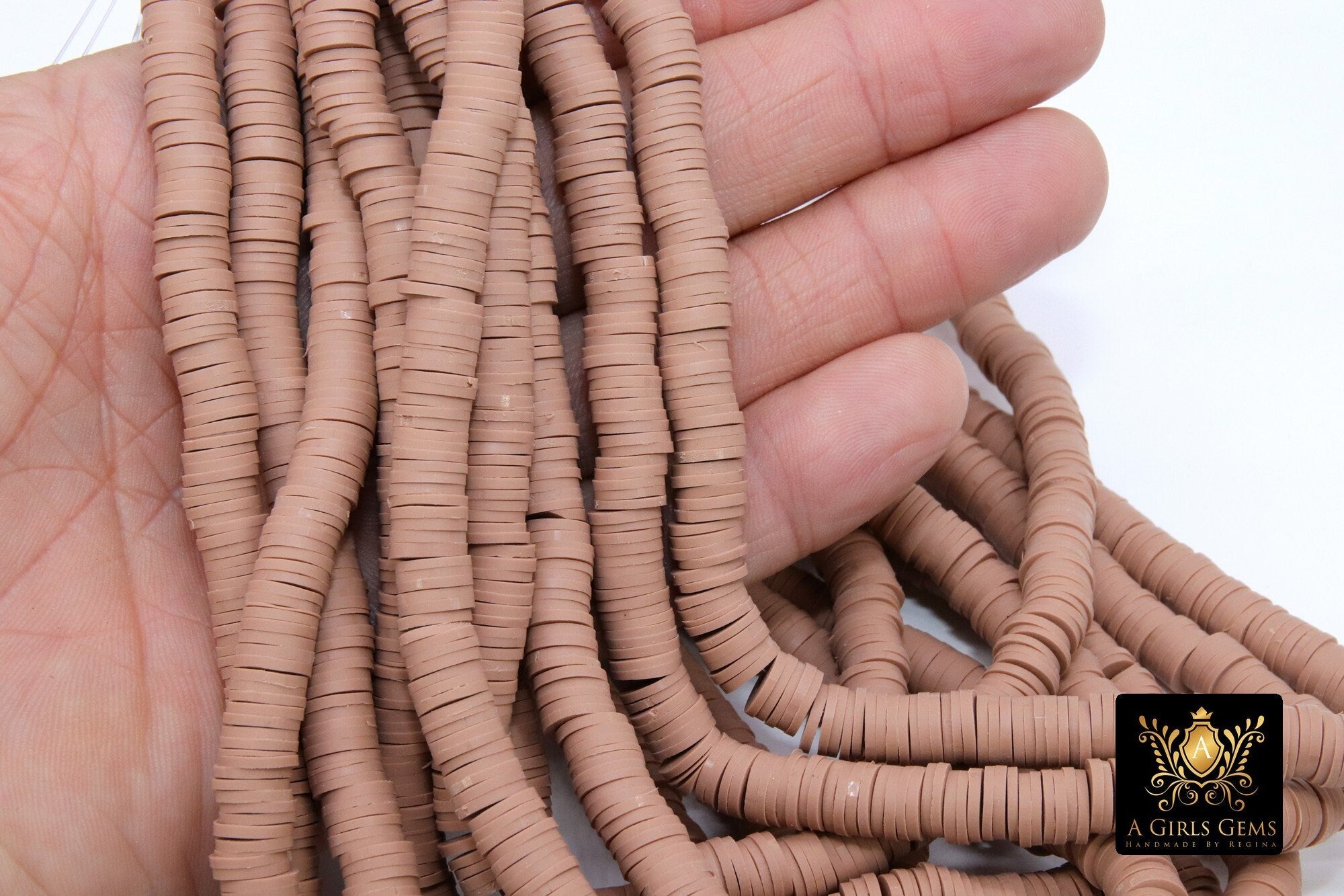 2 Strands 8 mm Clay Flat Beads, Dark Tan Heishi beads in Polymer Clay Disc CB #117, Tan Rondelle Multi Color, 17.75 inch Strands - A Girls Gems