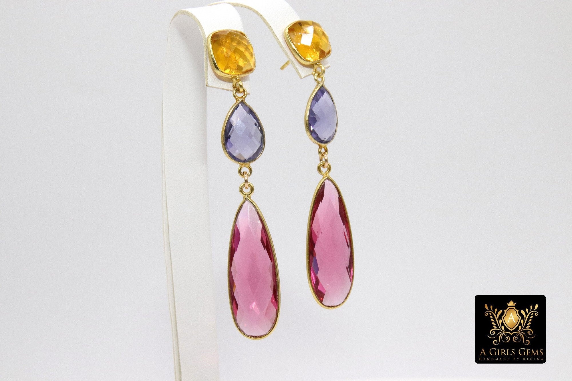 Citrine, Amethyst and Pink Tourmaline Stud Earrings, Gold 925 Teardrop Gemstone, Long Earrings - A Girls Gems