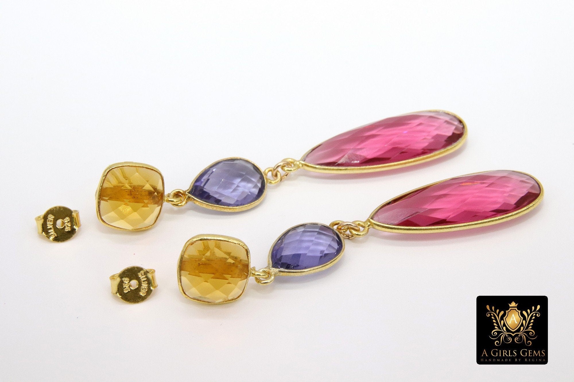 Citrine, Amethyst and Pink Tourmaline Stud Earrings, Gold 925 Teardrop Gemstone, Long Earrings - A Girls Gems