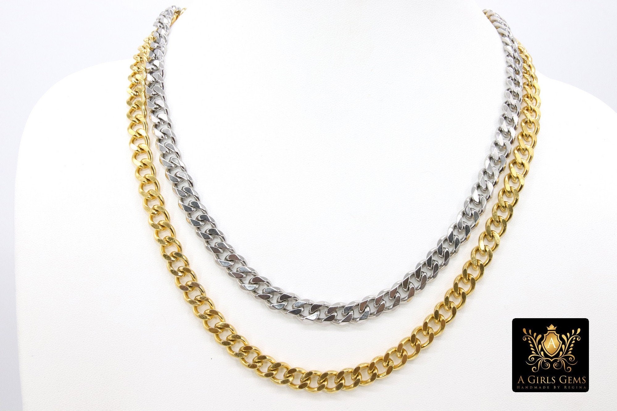 Gold Large Clasp Curb Chain Necklace, Silver Stainless Steel Cuban Diamond Cut Miami Flat Link Necklace, Women and Men Necklaces - A Girls Gems