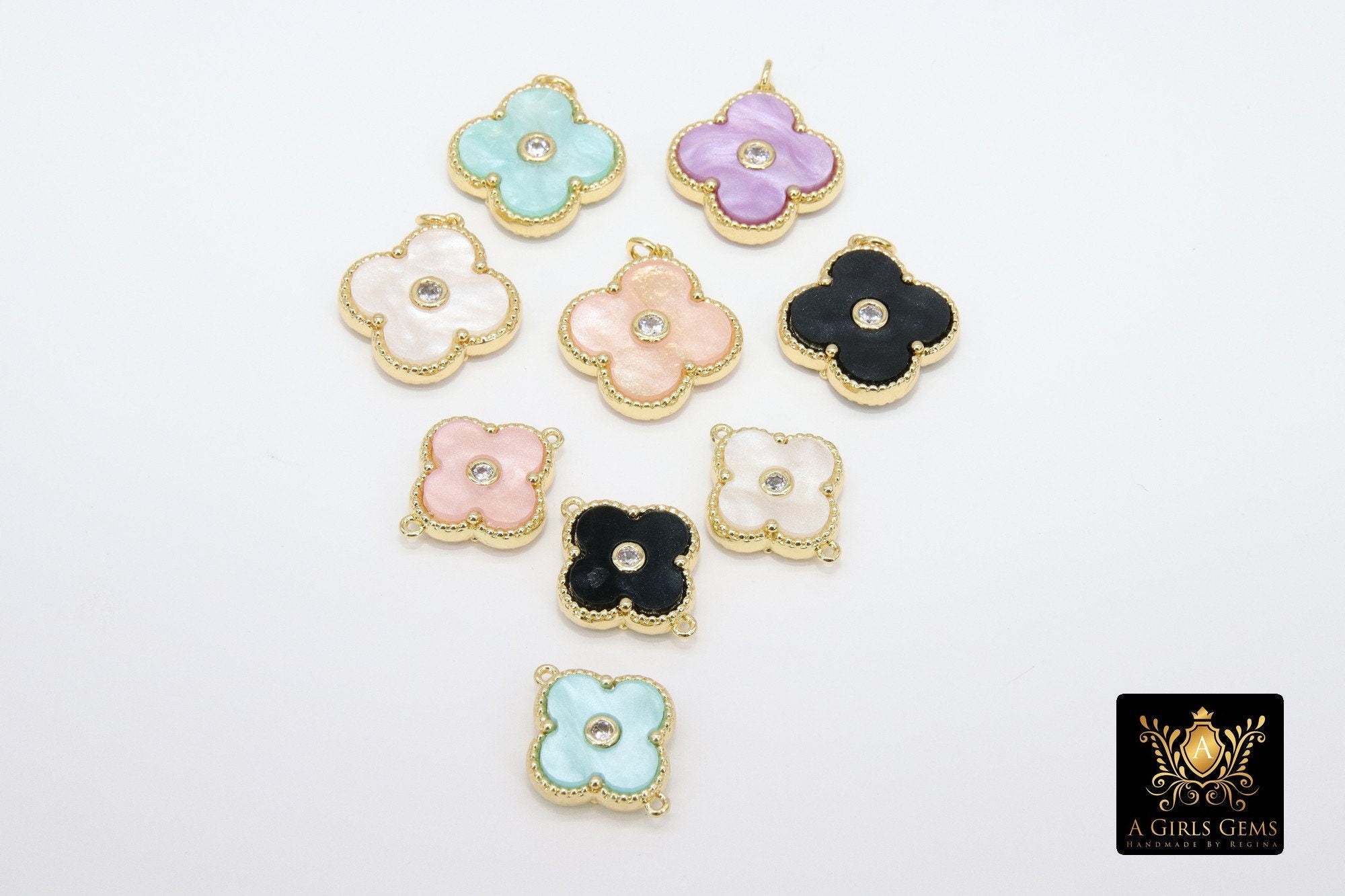 CZ Quatrefoil Connectors or Charms, AG #3144, 14 x 17 mm Small Clover Enamel Links - A Girls Gems