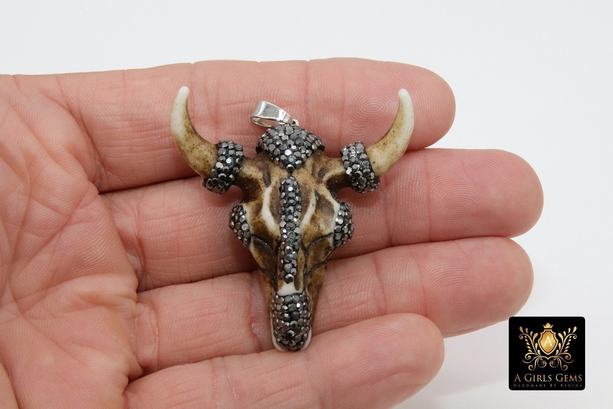 Beige Bone Cow Skull Pendant, Boho Brown and Black Stone Longhorn CW14, Resin Bone Skull - A Girls Gems